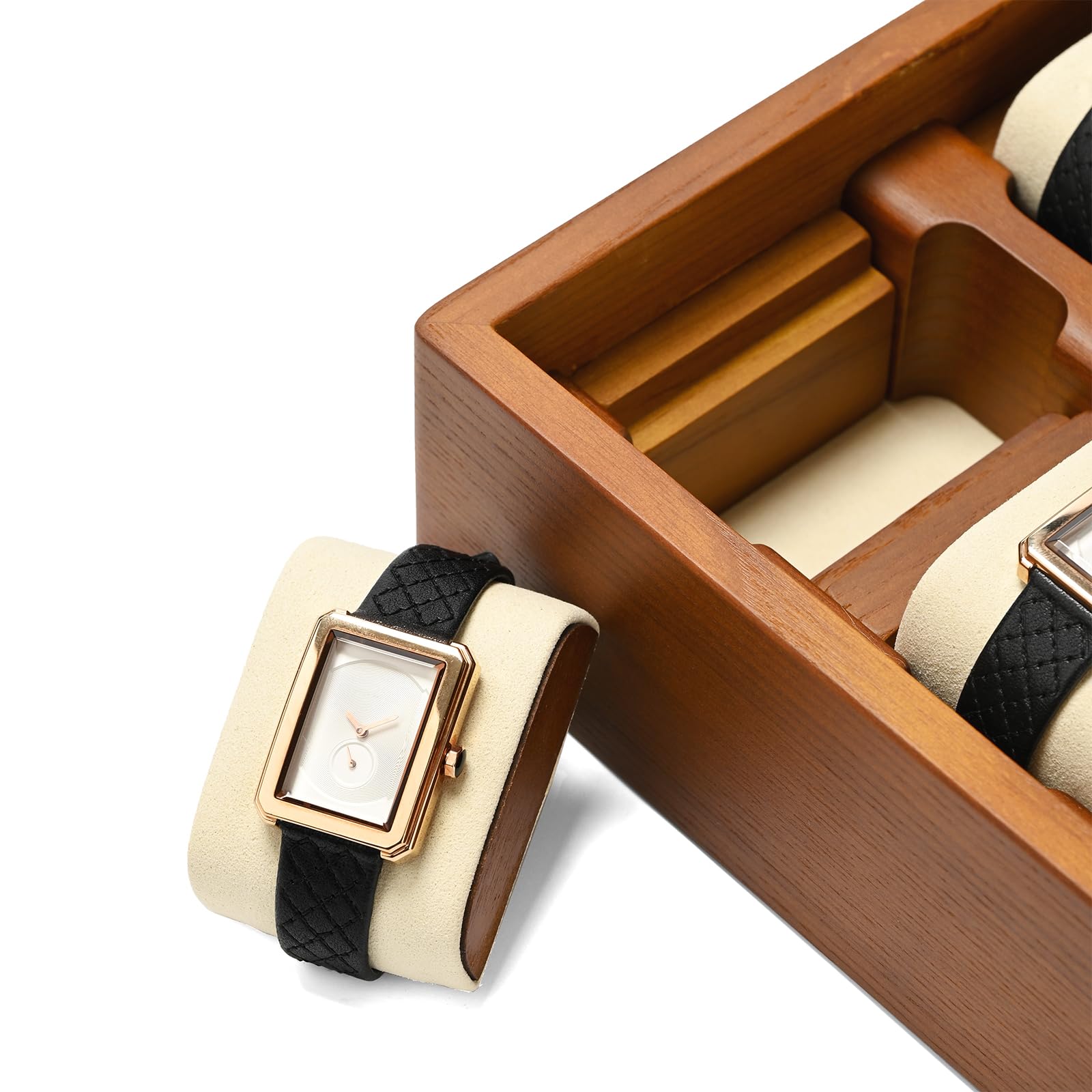 Oirlv Boîte De Montre En Bois Massif Organisateur Avec Couvercle 10 Montres De Stockage Boîte De Montre Avec Coussin Amovible,Rangement Montres(Blanc Crème)