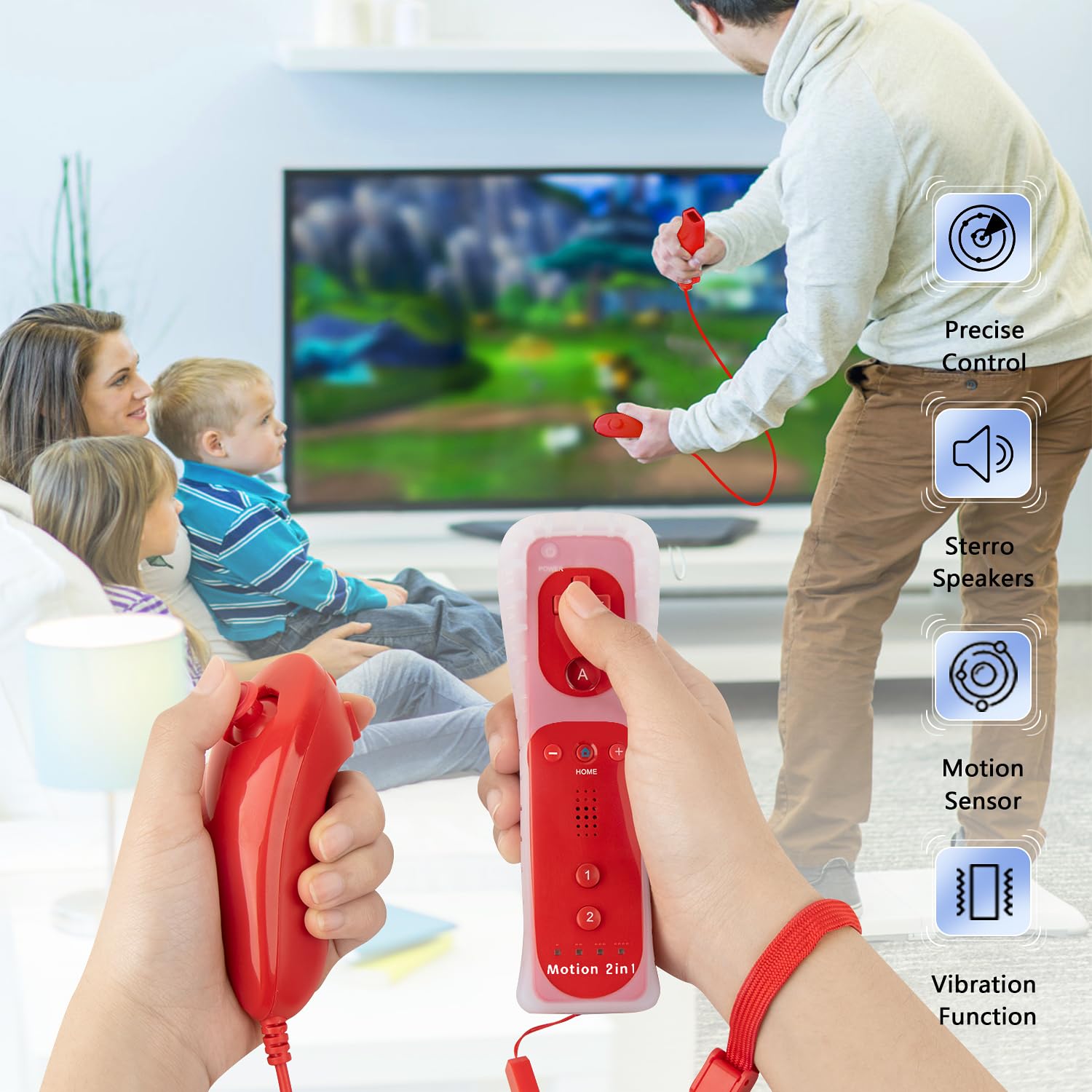 NC 2Pack Motion Plus Wii Controllers with Nunchucks,Wii Remote Controllers with Built in Motion Plus, Compatible for Nintendo Wii and Wii U Console, with Silicone Case and Wrist Strap （Red+Blue）