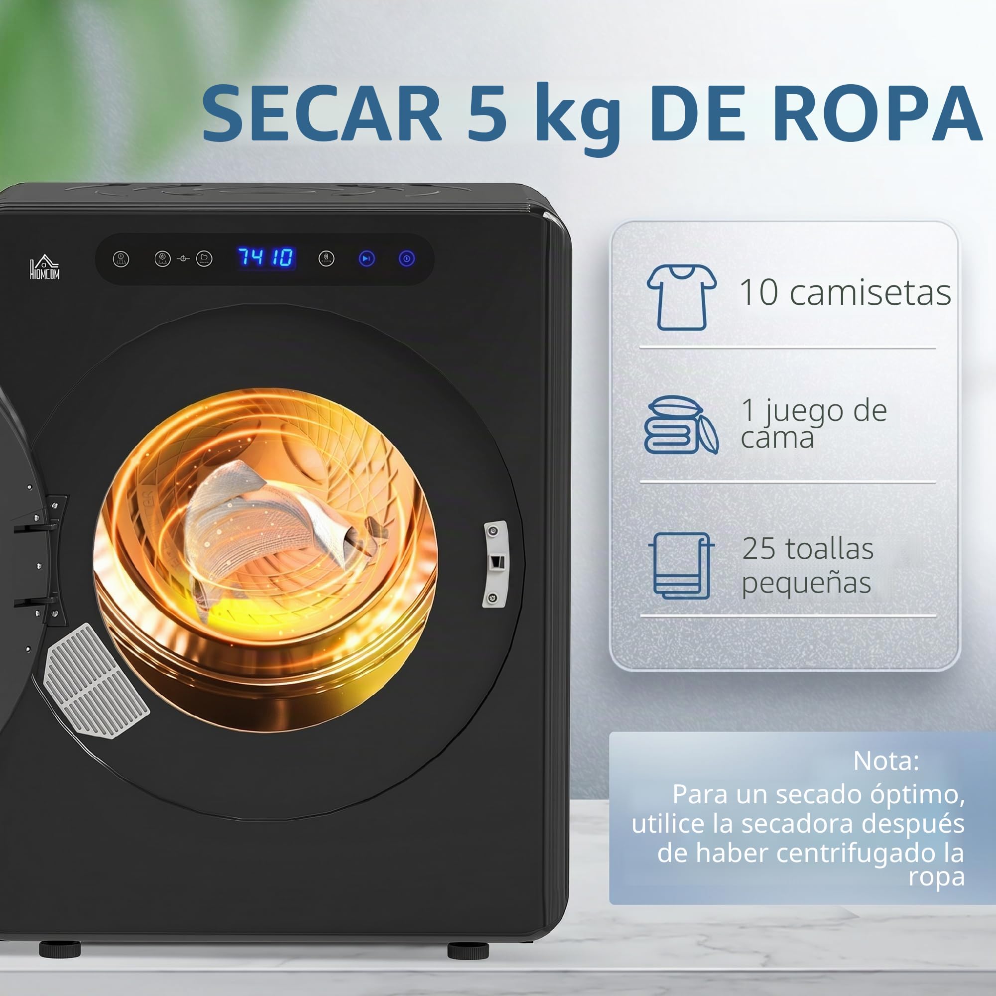HOMCOM - Secador de ropa de drenaje compacto (1000 W, 4 kg, con 6 modos de secado, tanque de acero inoxidable, carga frontal, temporizador, para apartamento, casa, autocaravanas, negro