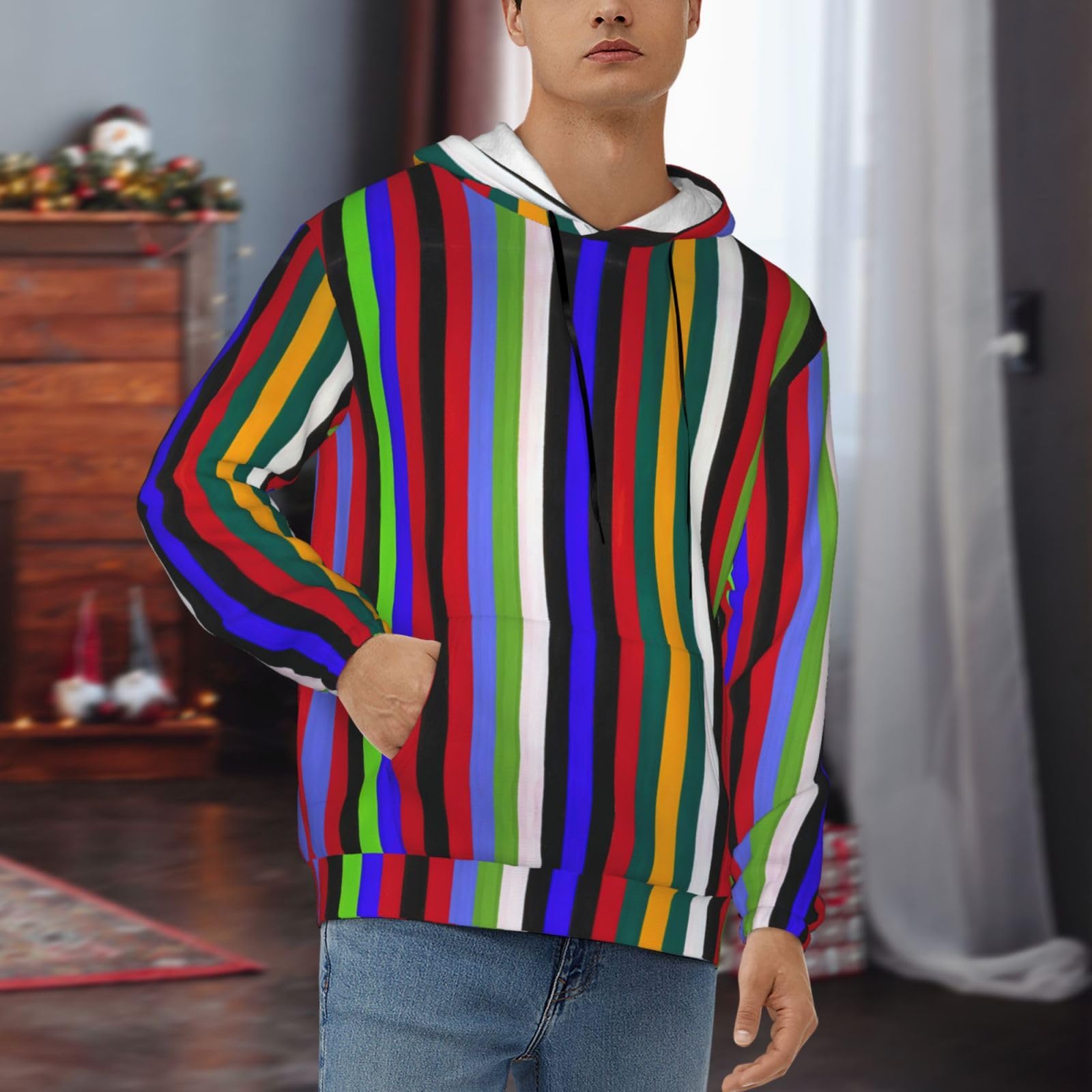 Męska bluza z kapturem w kolorowe paski, swobodny nadruk graficzny sweter z kapturem koszule z kieszenią