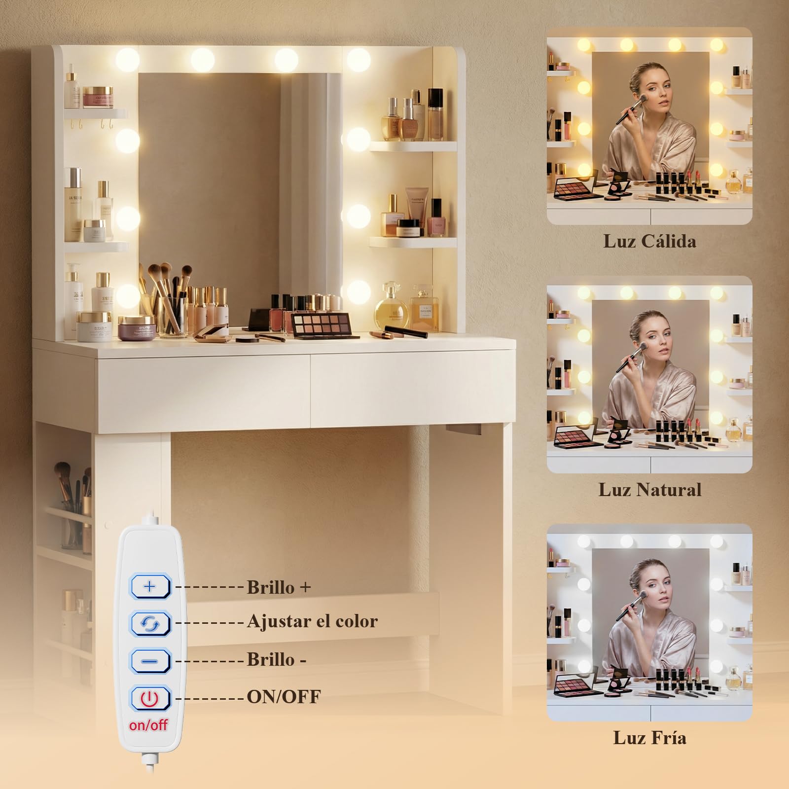 Devoko Tocador de Maquillaje con Luces LED,Brillo Ajustable,Tocador con Espejo,2 Cajones, Enchufe Eléctrico y Almacenamiento Lateral Abierto para Muebles de Dormitorio (Blanco)