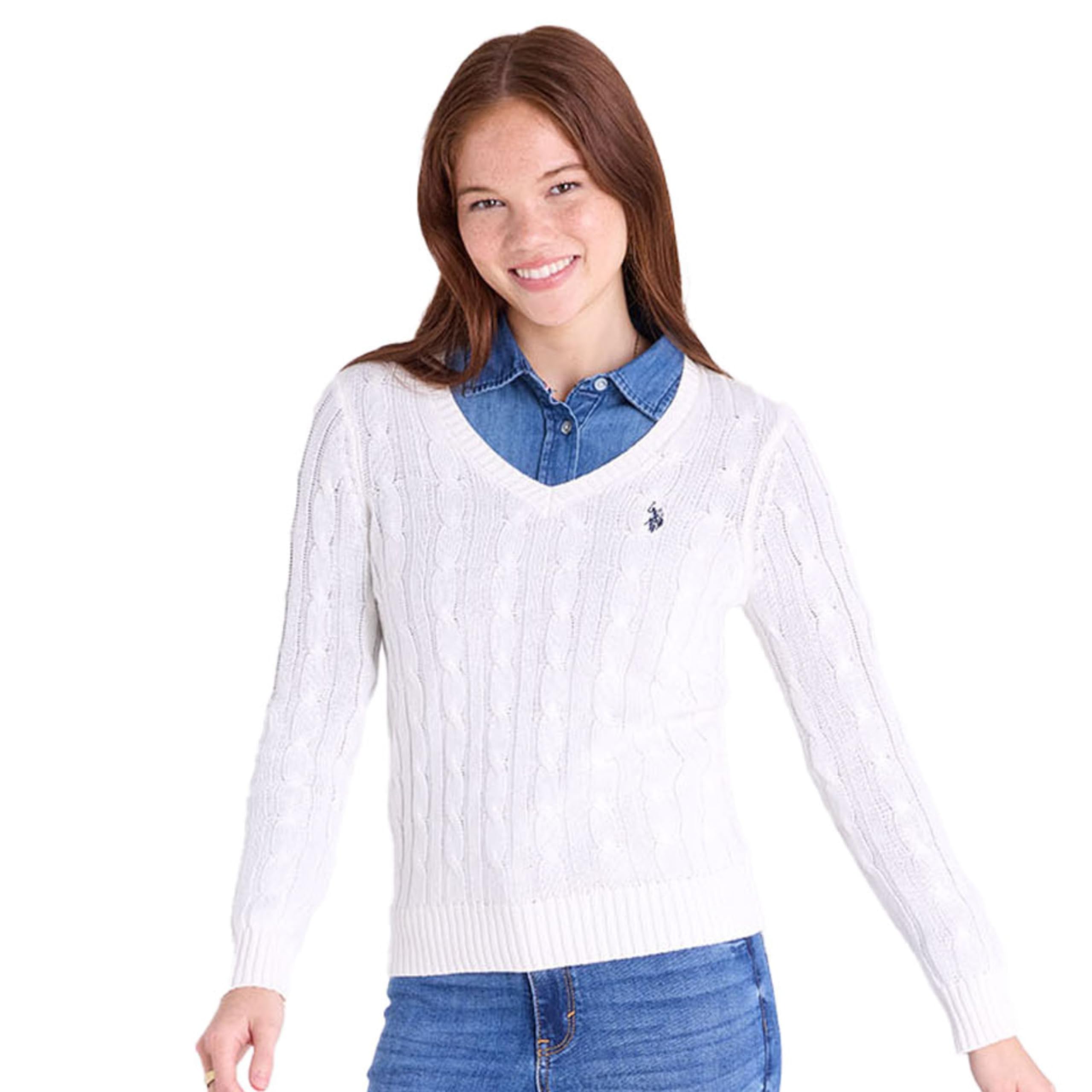 U S Polo Assn Womens Cable Sweater - Soft Knit Embroidered Pony Logo Ribbed Trims Casual Cozy Pullover
