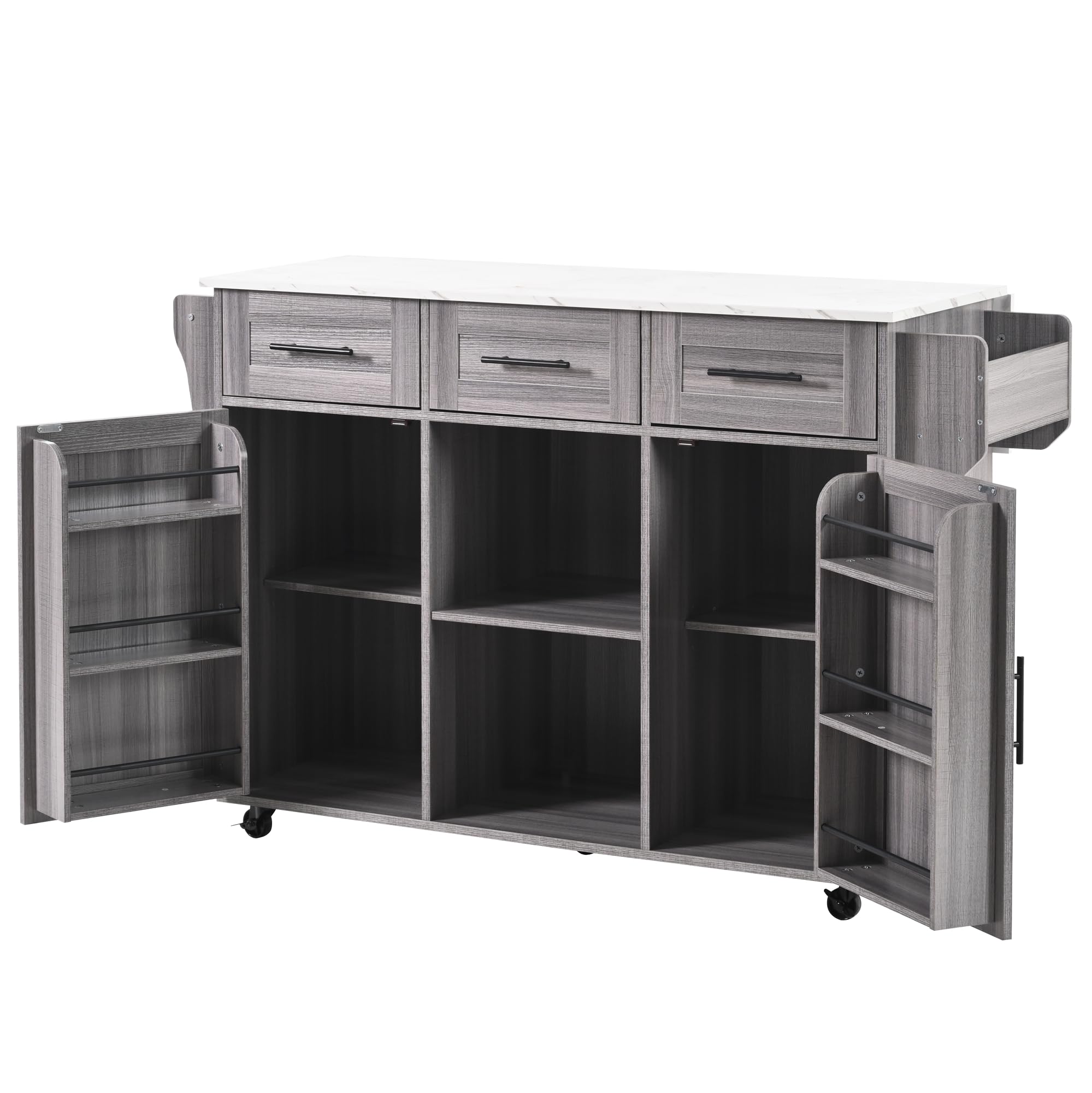 Isola della cucina con piano di lavoro pieghevole, carrello da portata mobile con 3 cassetti/2 armadietti/piedini in legno massello intercambiabili, 129 x 46 (71) x 91,5 cm