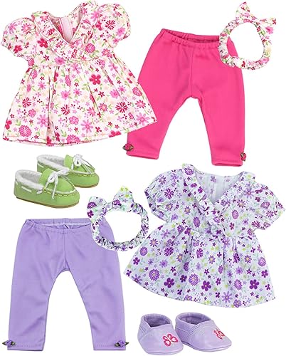 Sophia's, Set de dos atuendos para muñeca de 15 pulgadas con blusas de estampado floral, leggings, diadema y zapatos para dos.