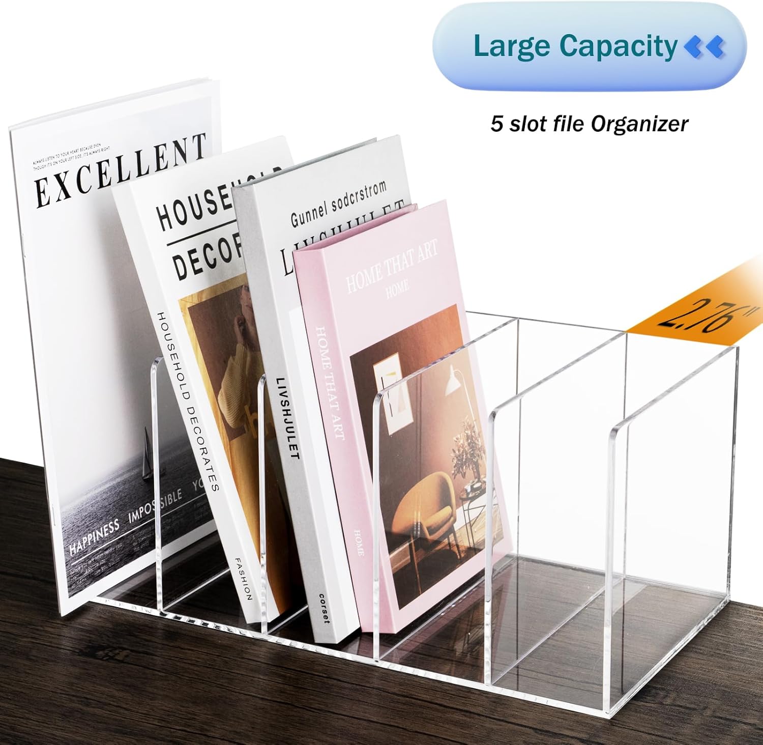Acrylic Magazine File Holder with 5 Vertical Compartments, Clear Desk Organizer and Magazine Storage Rack File Organizer Bookshelf for Office Desktop Accessories, Home Workspace
