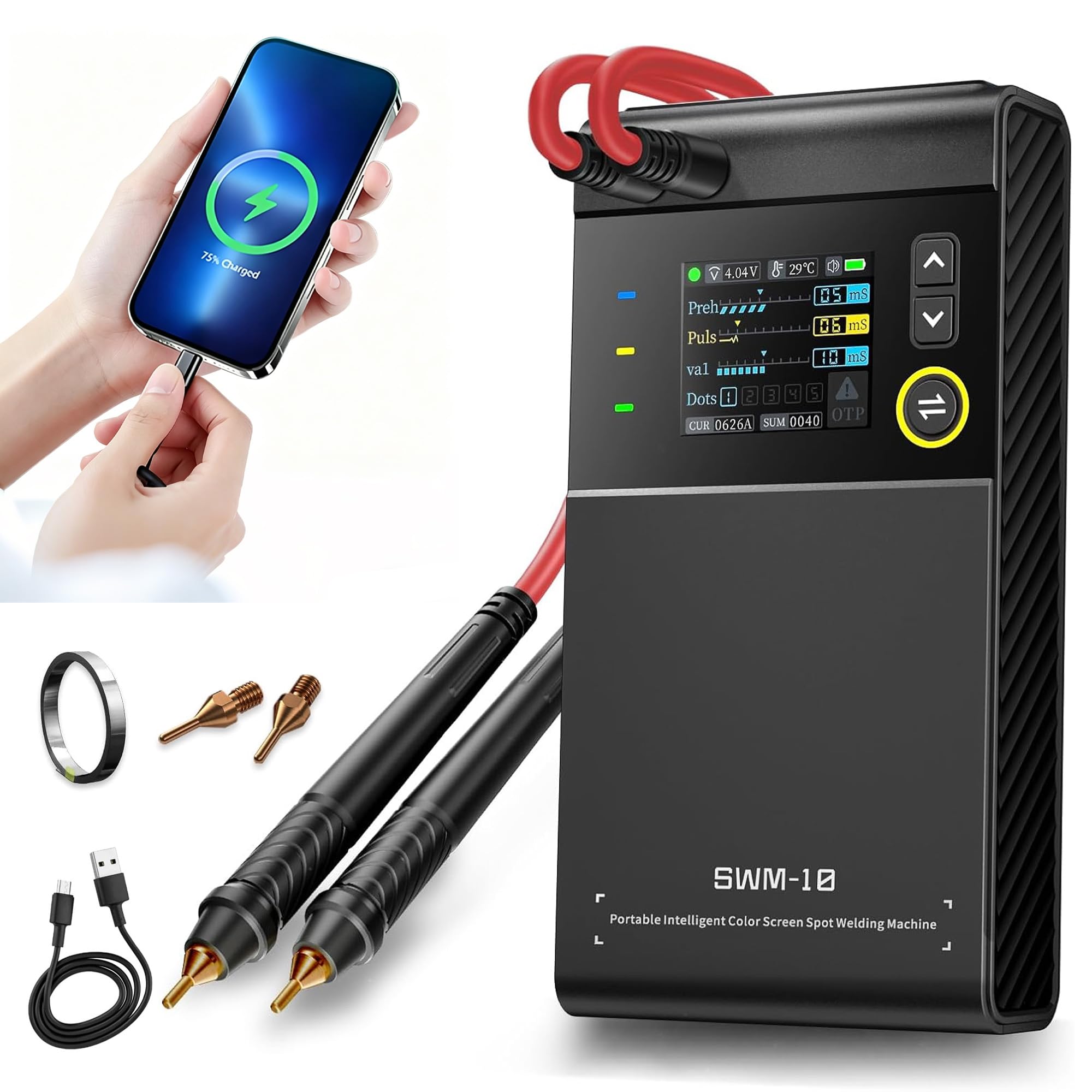 SWM-10 Soldador por puntos,5000mAh Soldador Laser Portatil,Soldadura de doble pulso Soldador de puntos,Compatible con Chapas de níquel/Chapa de hierro/Chapa de acero de 0,1-0,25 mm,Carga para Phone