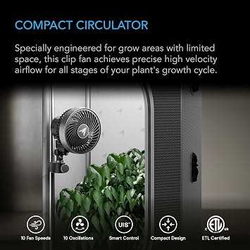 AC Infinity CLOUDRAY S4, Ultra-Compact Grow Tent Clip Fan 4, Precision 10 Dynamic Wind Speeds, 10-Level Oscillation, Weatherproof IP-54, Specialized High-Velocity Circulation for Small Grow Spaces
