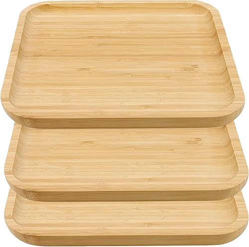 Miniatura 9 de JOIKIT Paquete de 5 platos redondos de bambú de 8 pulgadas de 7.9 in, platos redondos de madera pulida fina bandeja de bambú para sostener frutas,