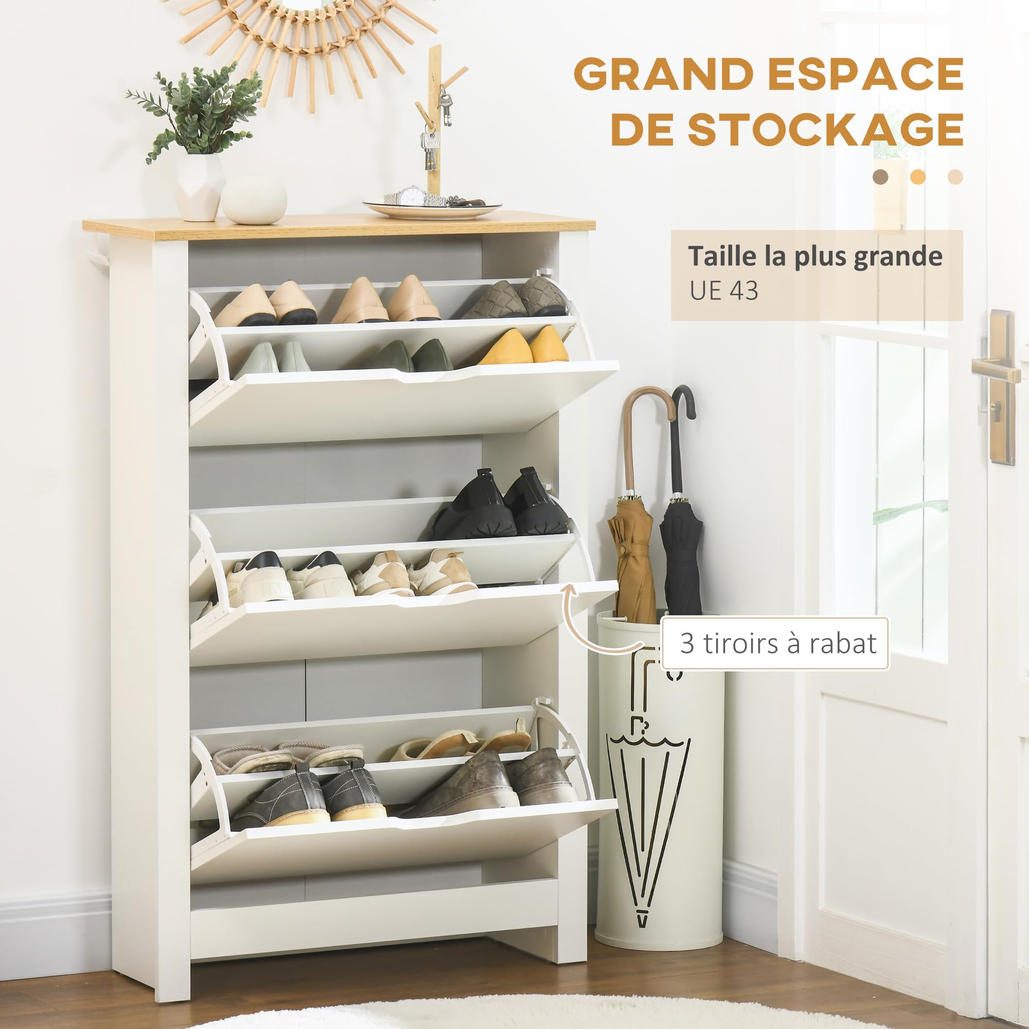 HOMCOM Schoenenkast 12 paar, smalle schoenenkast met 2 opvouwbare laden en verstelbare planken, moderne stijl, voor hal, hal, hal, 72 x 26 x 80 cm, wit en eiken