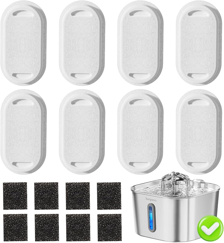 Refil para Fonte de Água para Gatos Sarpaws PWS-158B com Filtro de 4 Camadas, Pacote com 8
