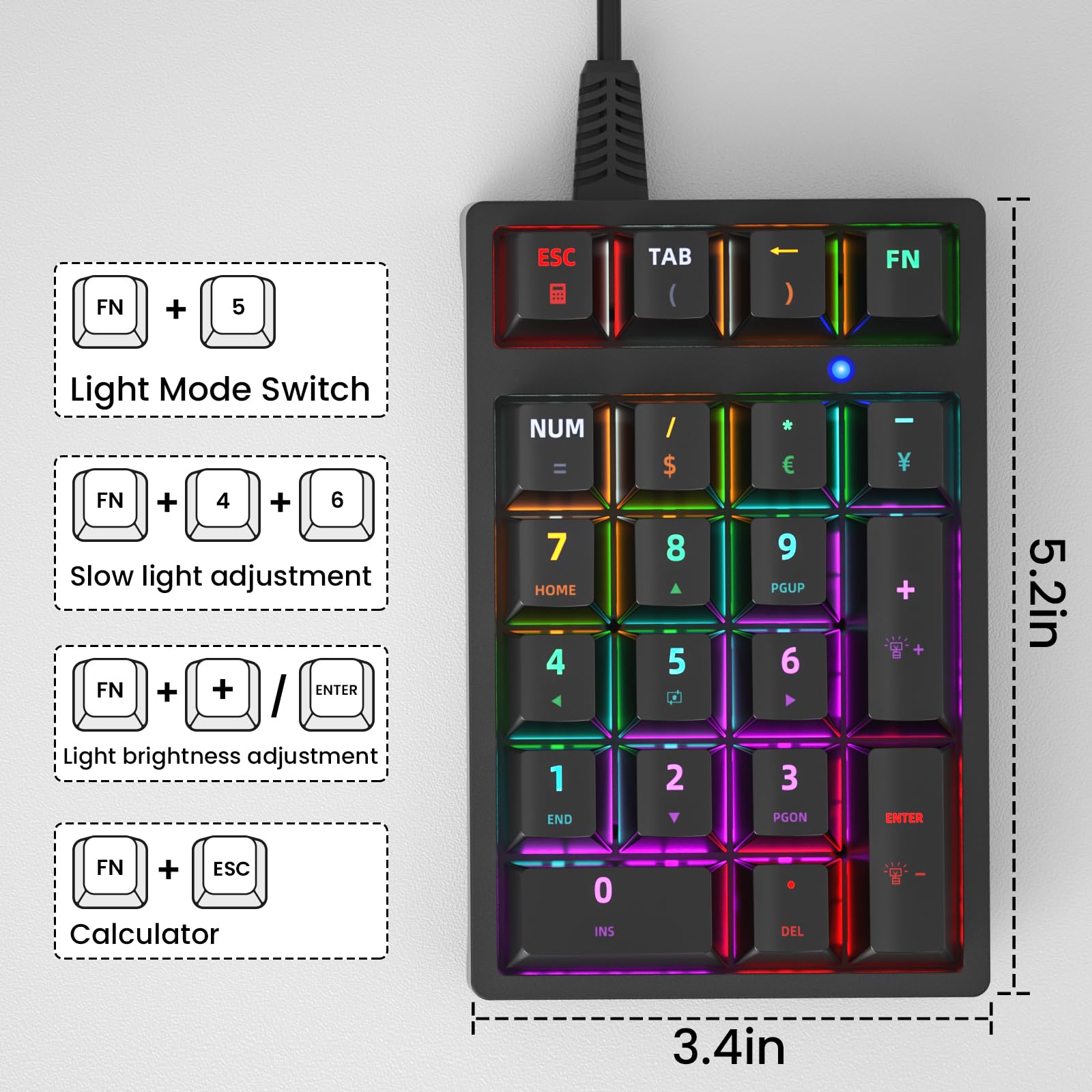 Gurjot Mechanische Ziffernblock, USB-verkabelt, 21-Tasten-Nummernblock, RGB-Hintergrundbeleuchtung, Anti-Ghosting-Tastatur für Laptop, Desktop-PC, Excel-Buchhaltungsdateneingabe