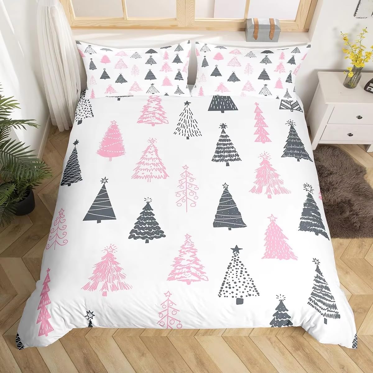 Parure de lit 200x200 Noël housse de couette sapin rose gris couvre-lit enfant ado