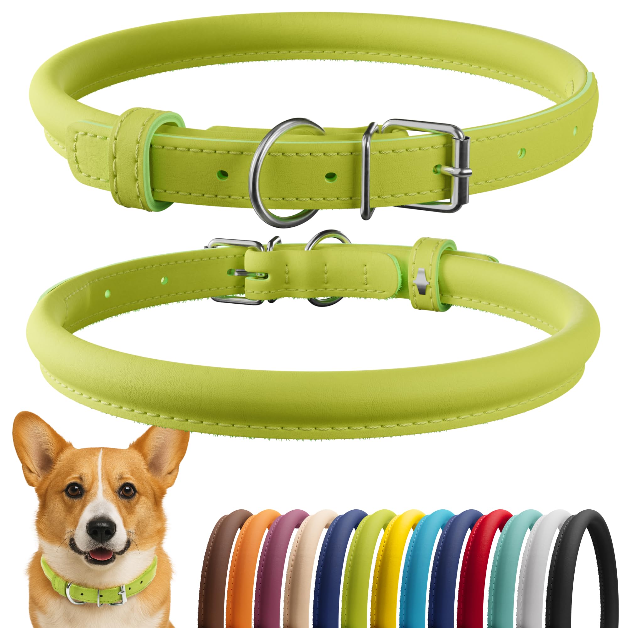 CollarDirect Rolled Leather Dog Collar, Soft Padded Round Puppy Collar, Handmade Genuine Leather Collar Dog Small Large Cat Collars 13 Colors (11-14 Inch, Lime Green Smooth)