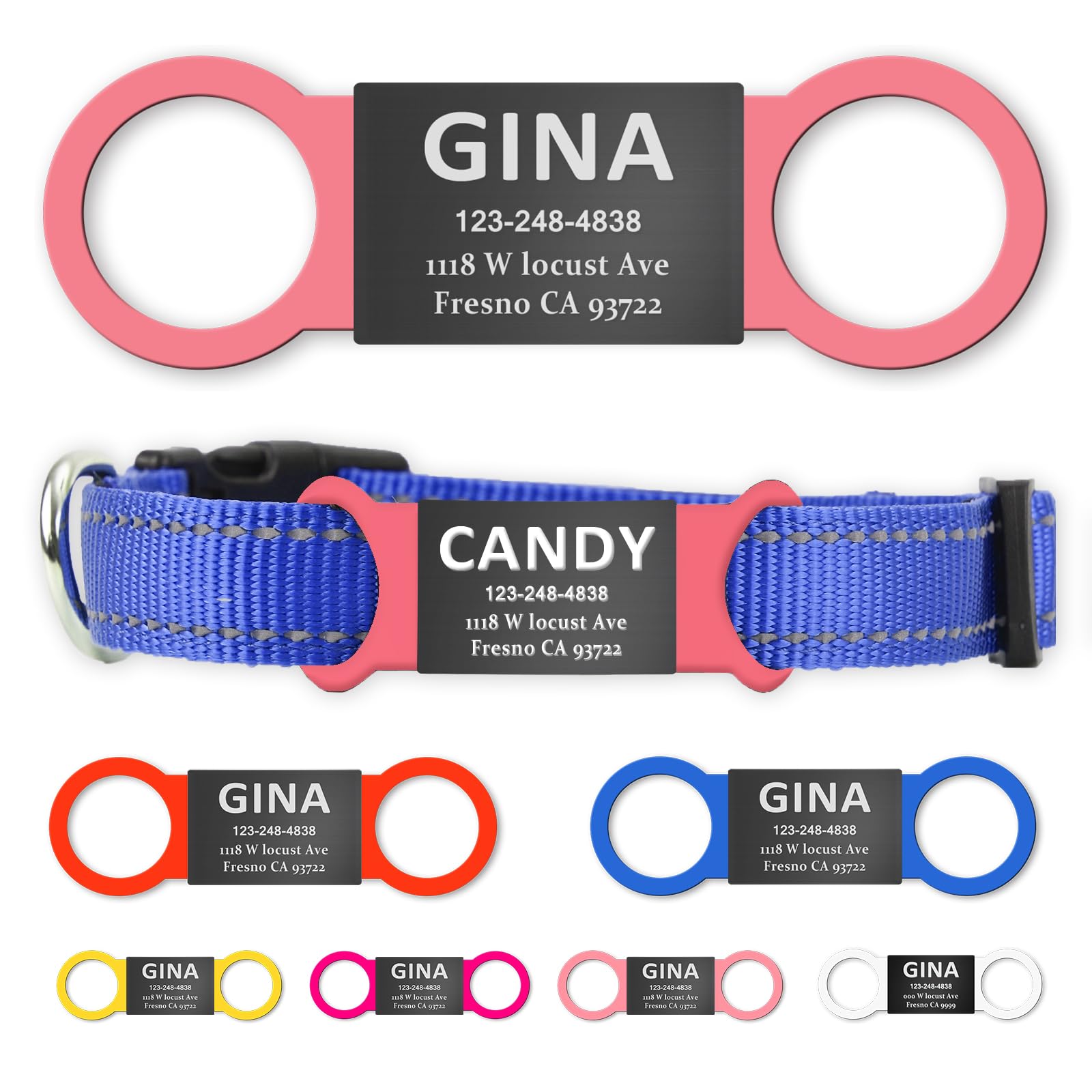 Personalized Stainless Steel Pet ID Tags for Dogs & Cats - Laser Engraved Slide-On Name Collar Tags - Silent Noise-Free Design - Colored Silicone Perfect Pet Collars Gift（Black+Pink）