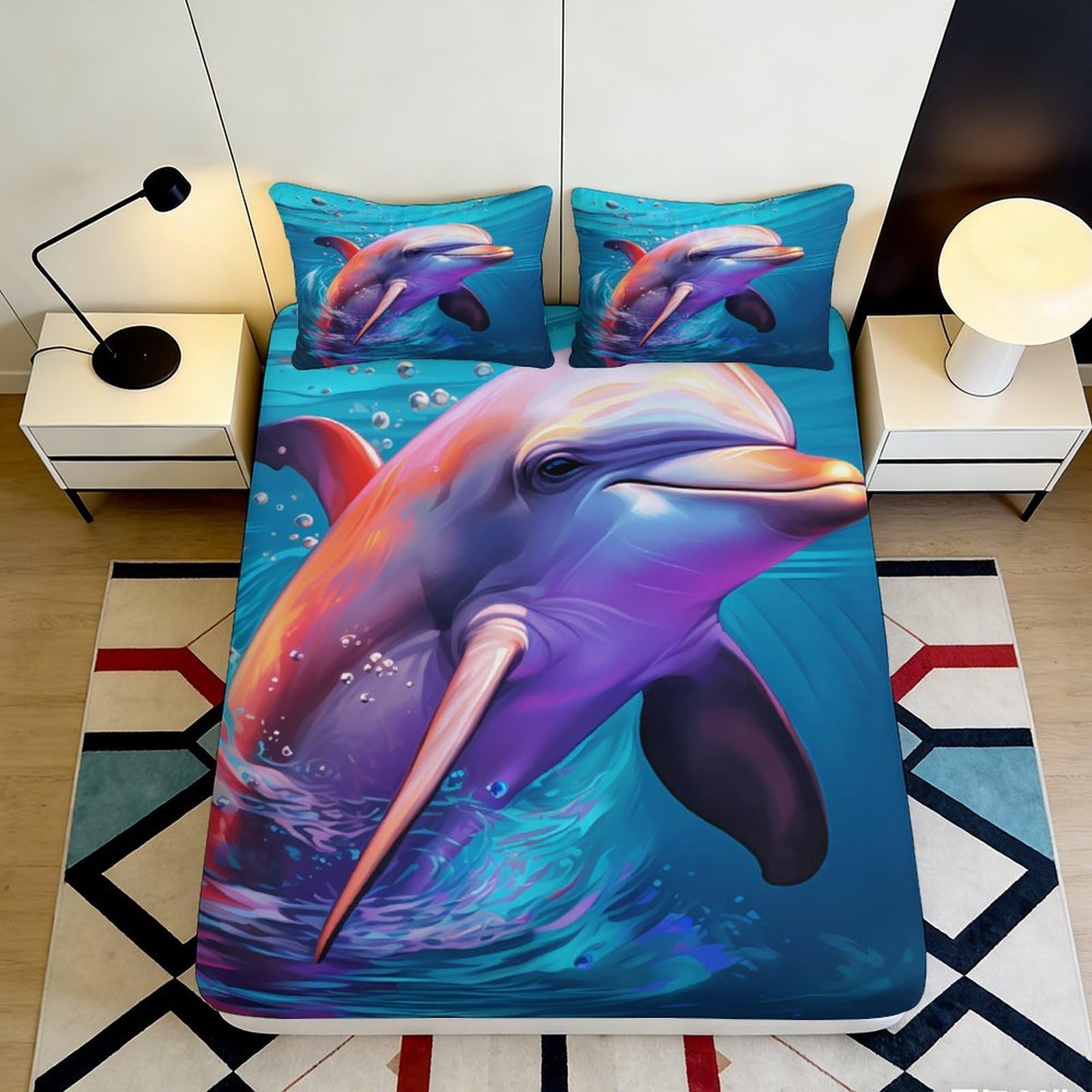 3D Printed Colorful Dolphin Fitted Sheet Microfiber Soft Ocean Blue Mattress Cover for Bedroom Guestroom Decor 90x200x25cm
