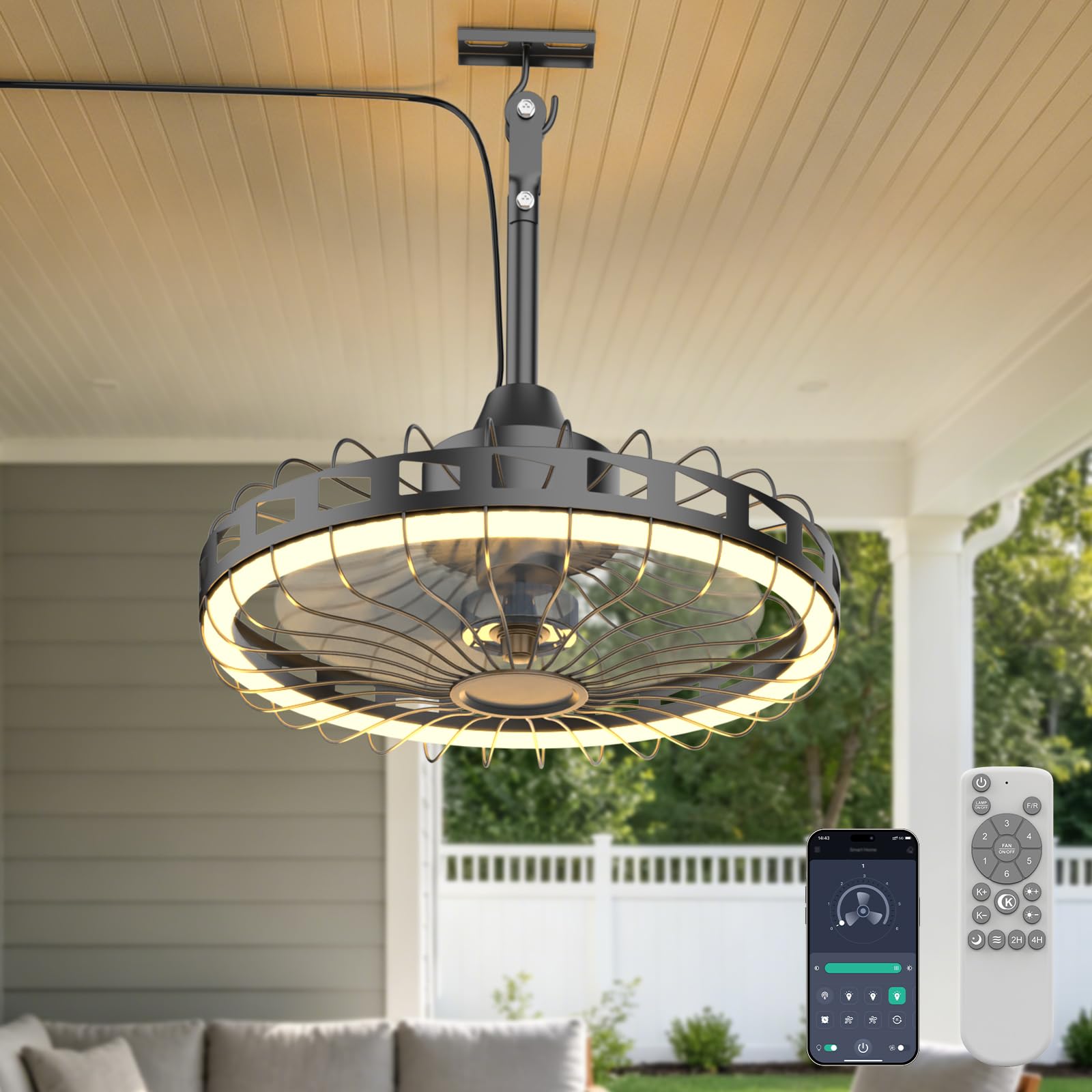 Ventilatore da Soffitto con Luce 52cm 6 Velocità | Lampadario con Ventilatore da Soffitto 120° Oscillazione 3 Temperature di Colore con Regolazione – per Esterno e Interno