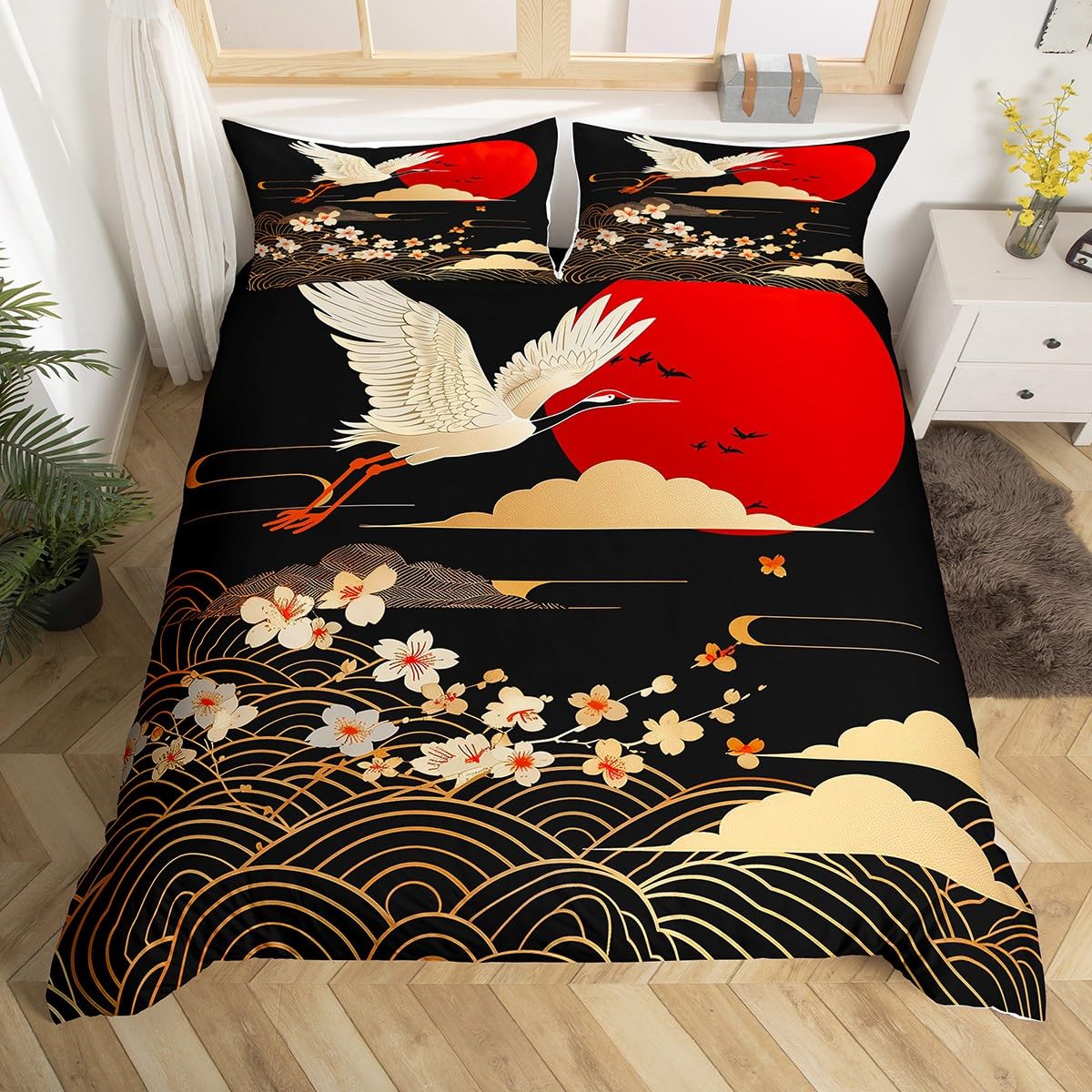 Loussiesd Japanese-Style Bedding Set Cherry Blossoms Duvet Cover for Kids Boys Girls Crane Comforter Cover Ukiyoe Theme Bedspread Cover Room 2Pcs Single Size,Zipper