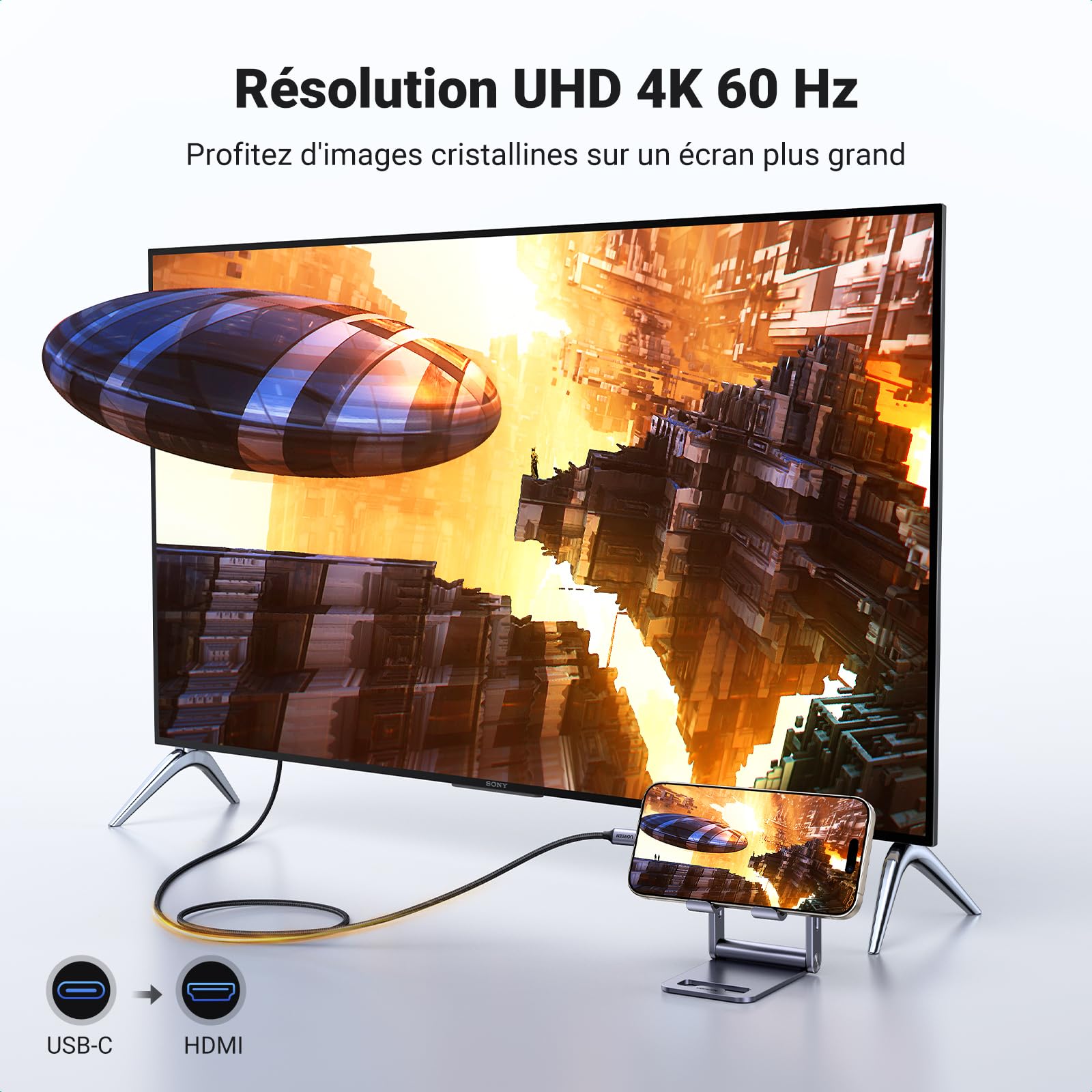UGREEN Câble USB C vers HDMI 4K 60Hz 18Gbps Compatible avec Macbook M3 M2 M1 iPad Air iPhone 17 Pro Max Air iPhone 16 Plus Pro Max 15 Galaxy S25 S24 S23 Adaptateur Thunderbolt 4 3 Type C HDMI2.0 (2M)