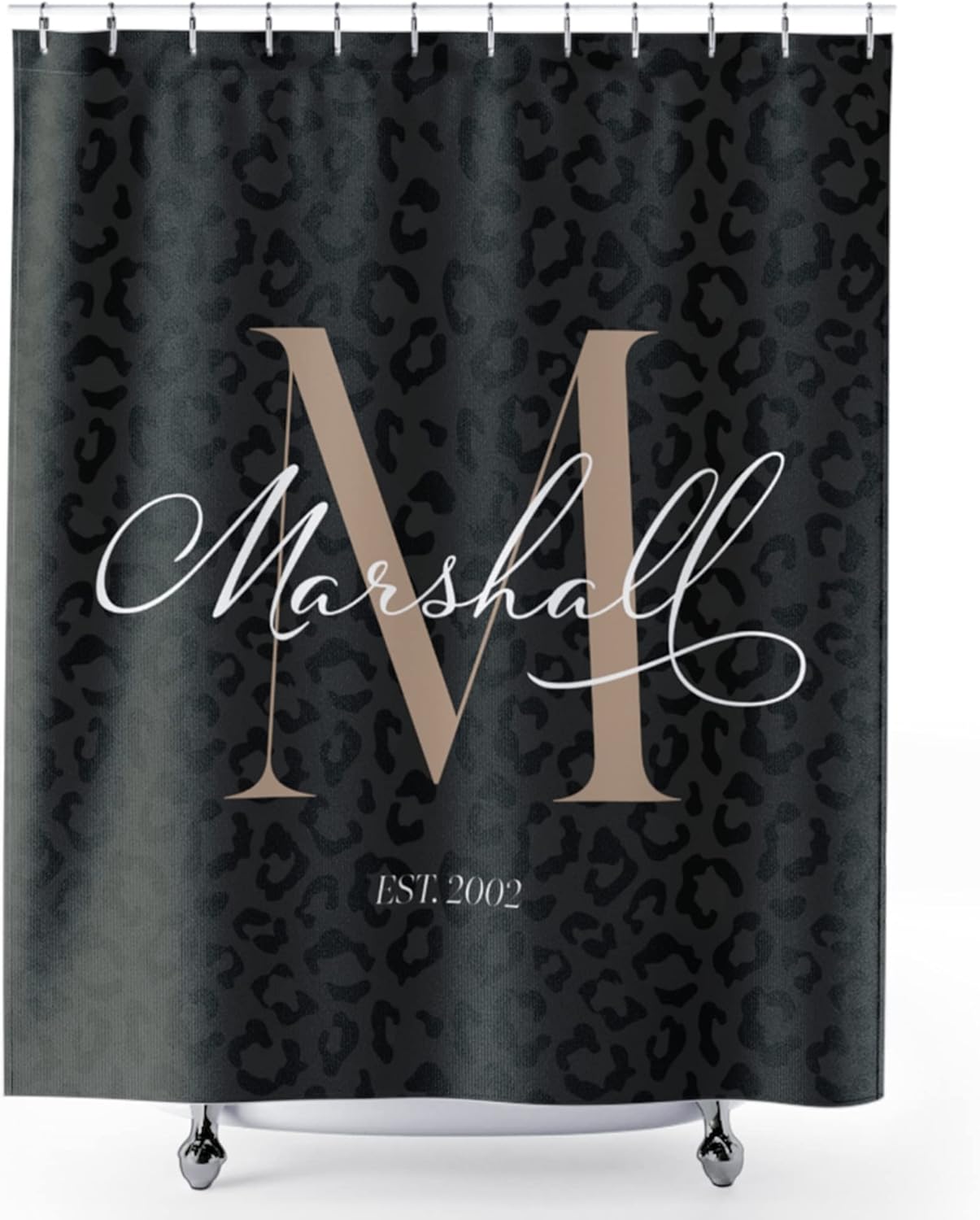 ArtBroz Custom Monogram Shower Curtain, 71 x 74 Inch, Personalized Monogrammed Initial Black Leopard/Cheetah Animal Print Waterproof Fabric Bath Curtains, Unique Elegant Bathroom Décor