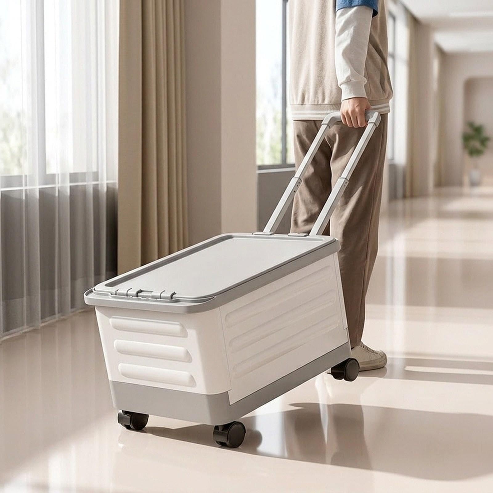 Carrello Pieghevole Portatile Cassetta con Ruote Manico Telescopico Organizzazione Spesa Libri Cancelleria Materiale PP Adatto per Viaggio Scuola Casa, Grigio Bianco