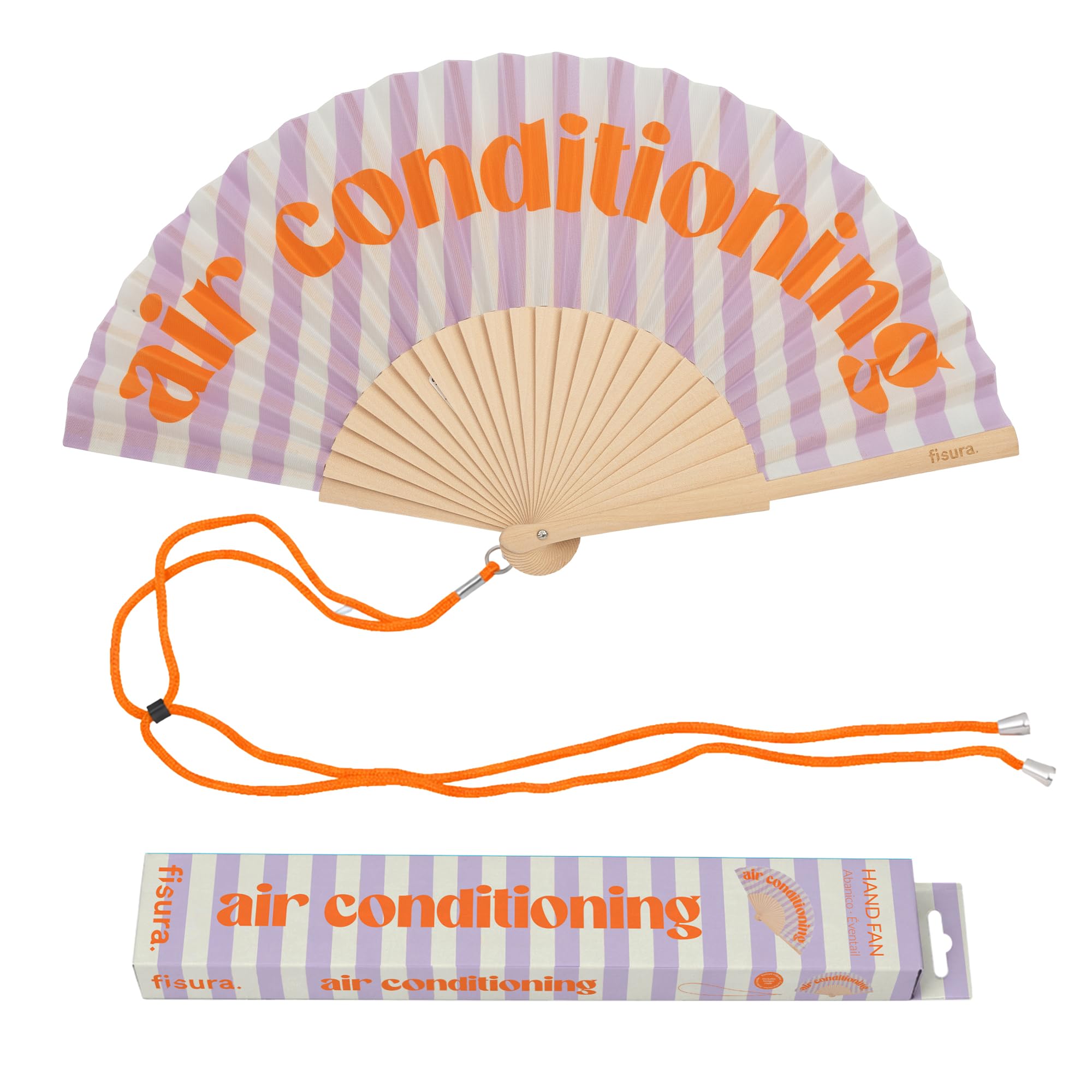Fisura – Original “Air Conditioning” Message Folding Fan, Modern and Colourful Wooden Handheld Fan, Purple Design for Wedding, Rave, Festival – Includes Strap. Size: 42.5 x 23 cm — image 1