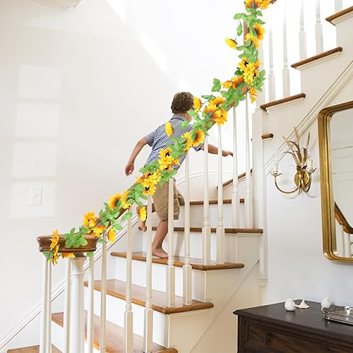 Miniatura 7 de BigOtters Paquete de 4 guirnaldas de girasol para decoración, girasoles de seda artificiales para fiesta temática de girasol, decoración de boda de