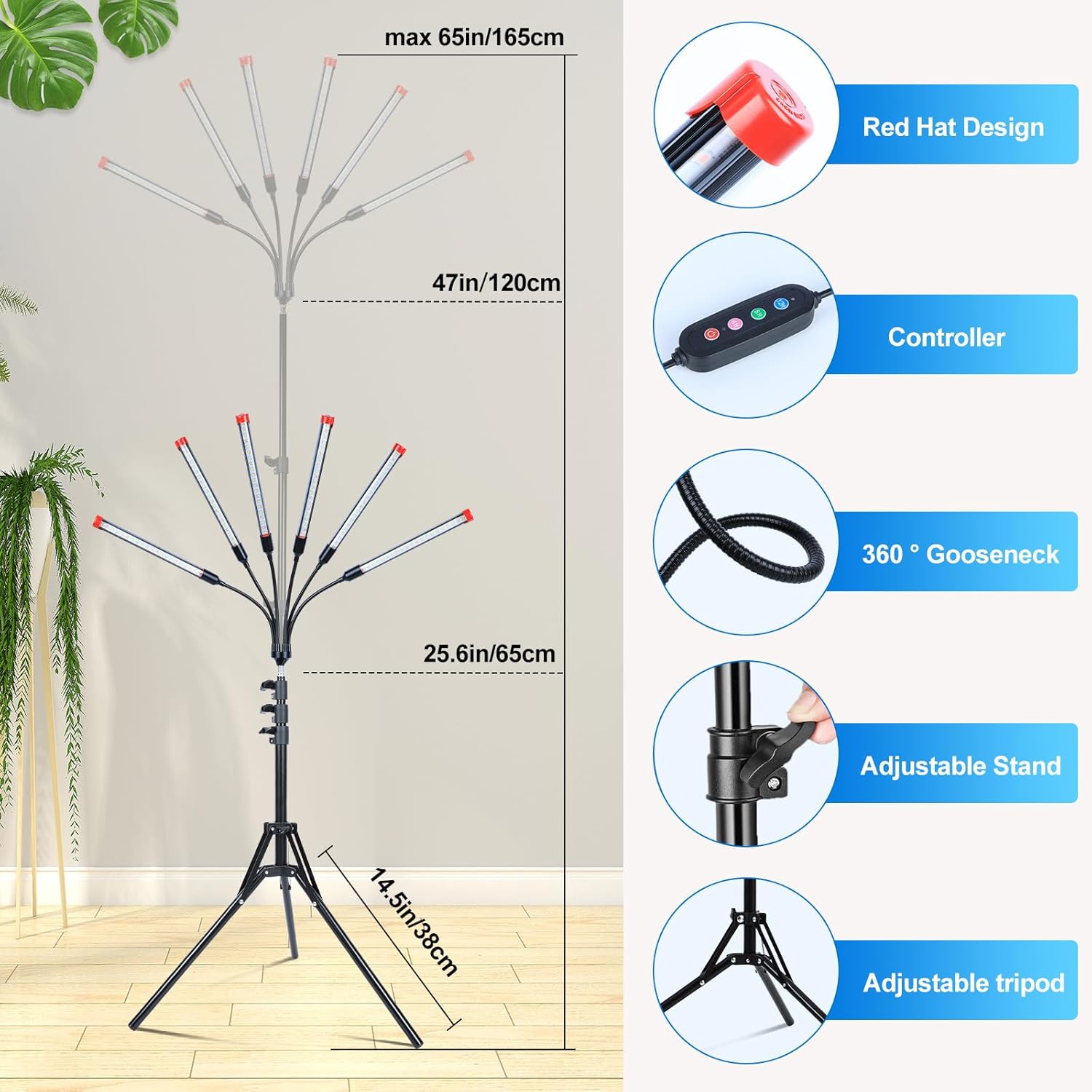6Head Grow Light on Stand for Large and Tall Indoor Plants, Bonsai Tree, Bright and Big Coverage Plant Growing Lamps, 4/8/12/16/20H Timer, 54 Watt Power Draw, NO Need Adapter, 360° Gooseneck - Image 7