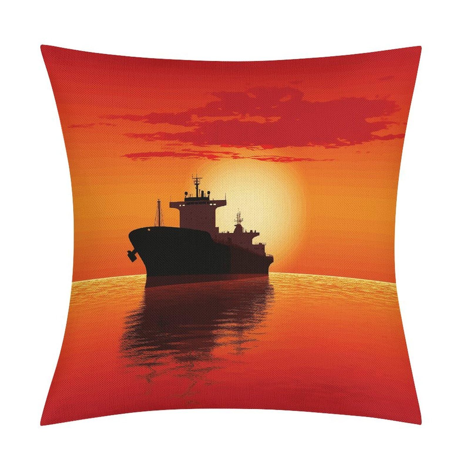 Adfgyerh Style Silhouette Of The Tanker Ship On Red Sunrise Pillow Covers Soft And Comfortable Invisible Zipper ，Home Decor 18X18 Inch Edging Technology，Throw Pillow Covers For Couch Sofa Bedroom Living Room.