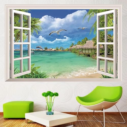Calcomanías de pared para ventana de paisaje marino, criaturas oceánicas, calcomanía de pared falsa para ventana, paisaje verde, 3D, autoadhesivo,