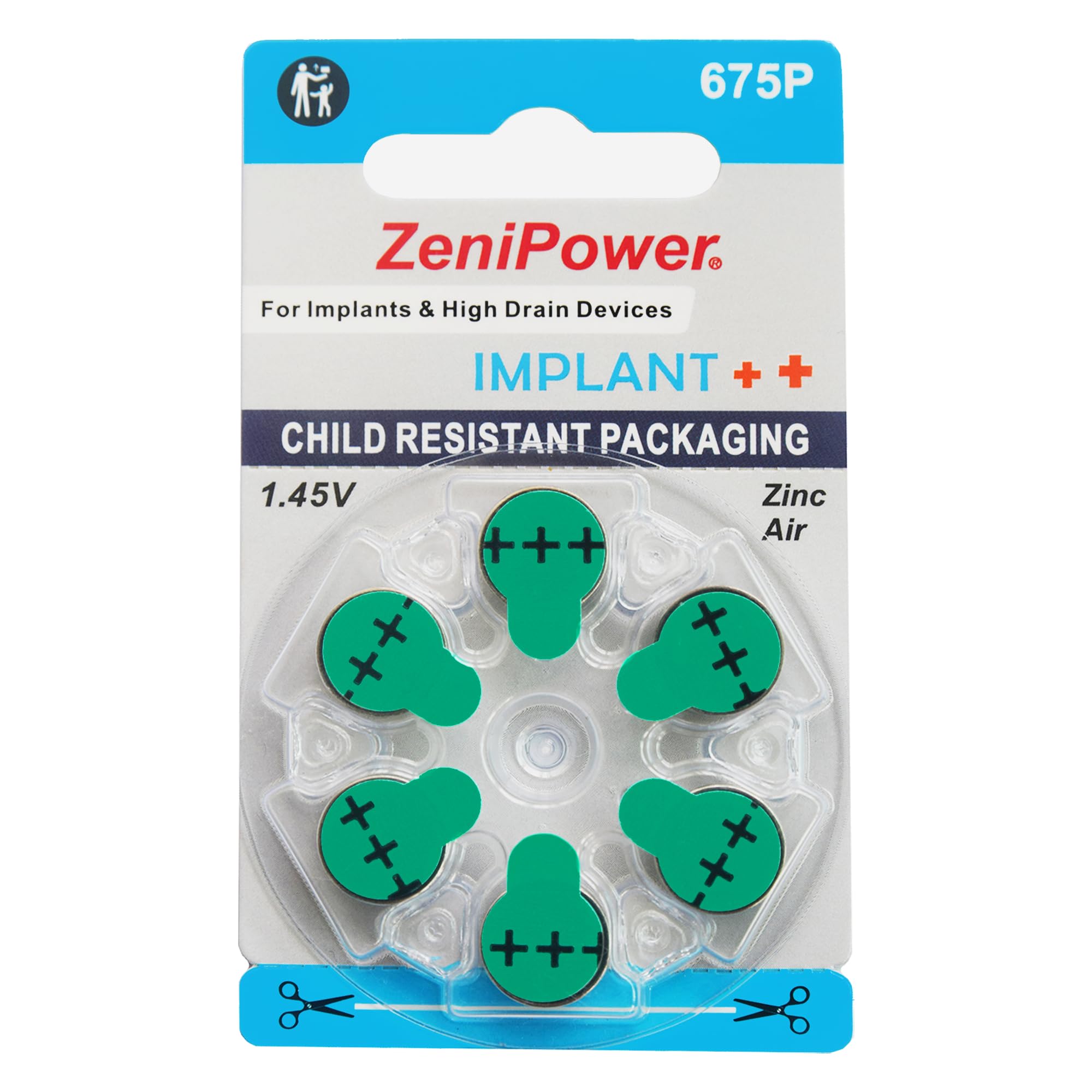 ZeniPower Extra High Power Cochlear Implant BTE Speech Processor Batteries Zinc Air 1.4V Size 675P, 675CI, Implant Plus (6 Batteries)