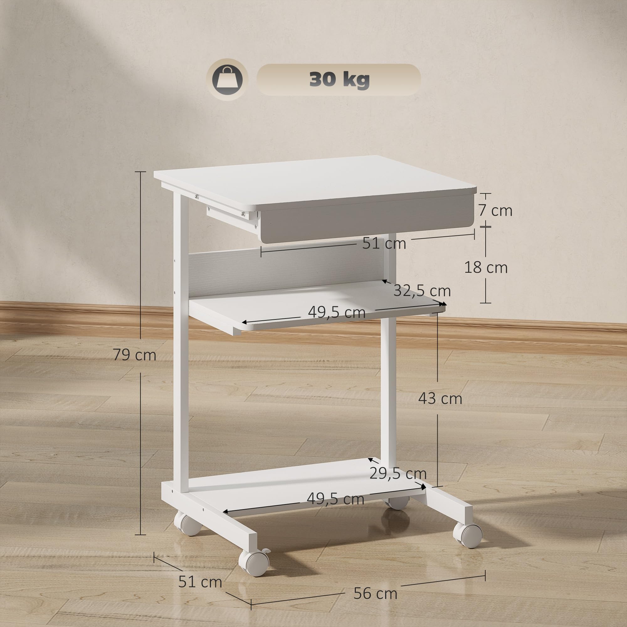 HOMCOM Scrivania per computer su ruote, scrivania con spazio 56 x 51 cm con cassetto, scomparto e supporto per CPU, tavolo da computer per studio per piccoli spazi camera da letto, bianco