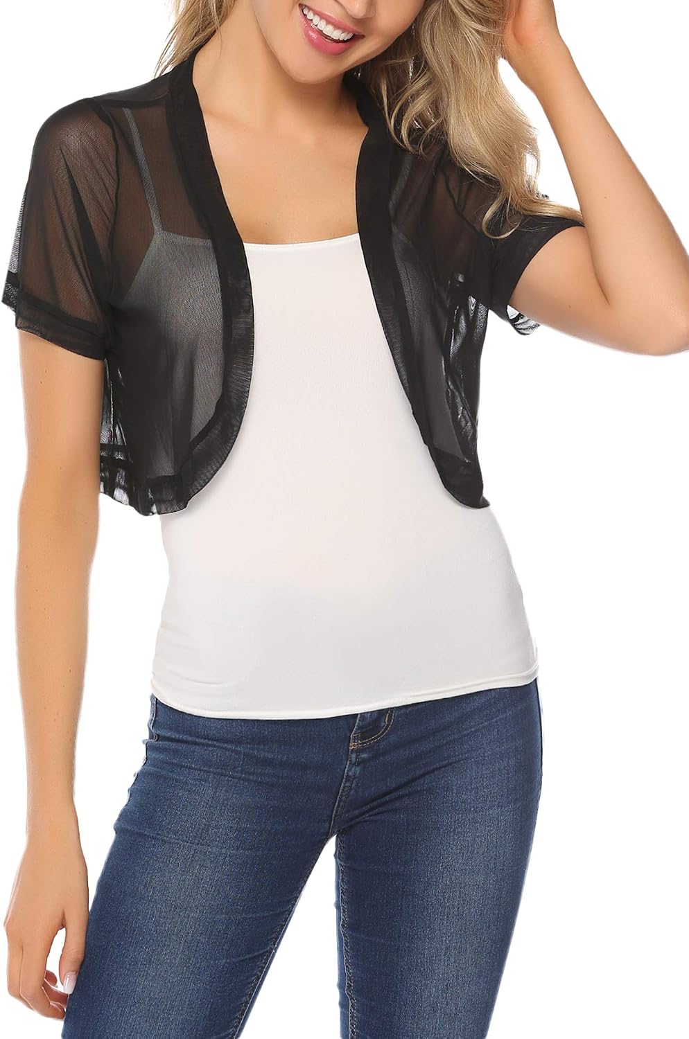 Aiboria Women Shrug Open Front Mesh Cropped Bolero Short Sleeve Sheer Cardigan