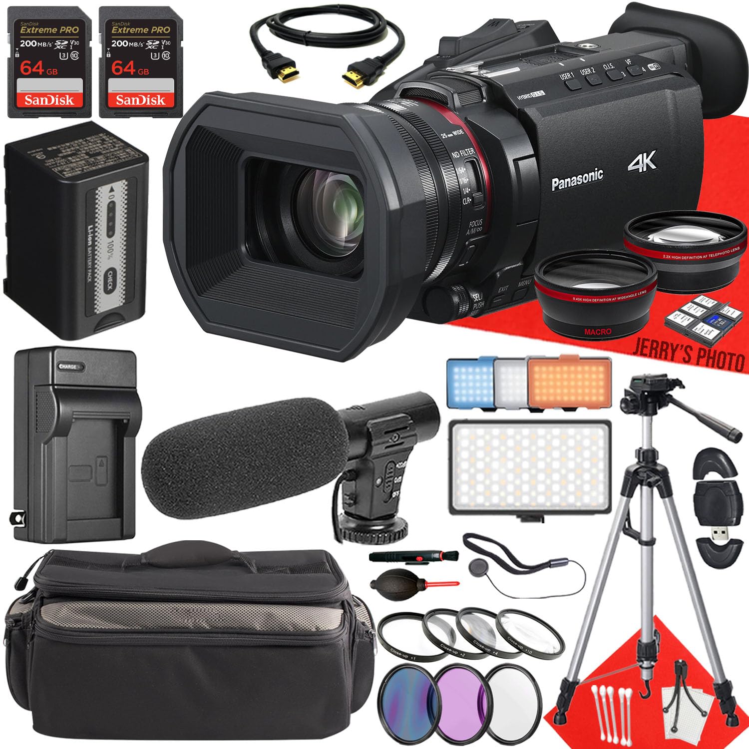 Panasonic HC-X1600 UHD 4K HDMI Camcorder with 24x Zoom + 2PC 64 GB Memory + Extra Battery + Filters + Shotgun Video Microphone + More (27pc Bundle)