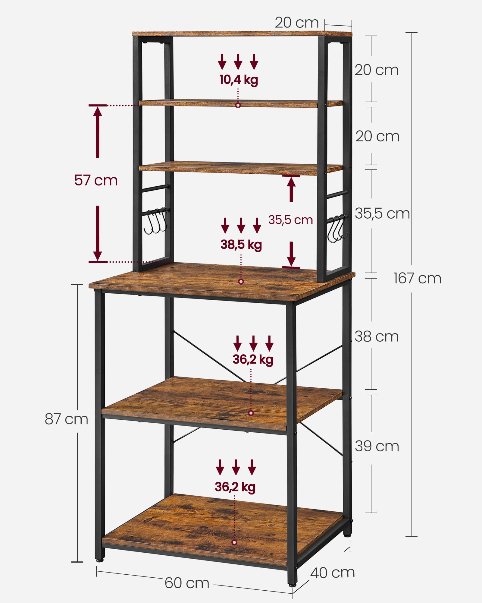 VASAGLE Scaffale Cucina, Mobile Cucina, Scaffale per Microonde, 6 Ripiani, 6 Ganci, Struttura in Acciaio, Stile Industriale, 40 x 60 x 167 cm, Marrone Vintage e Nero Inchiostro KKS024B01