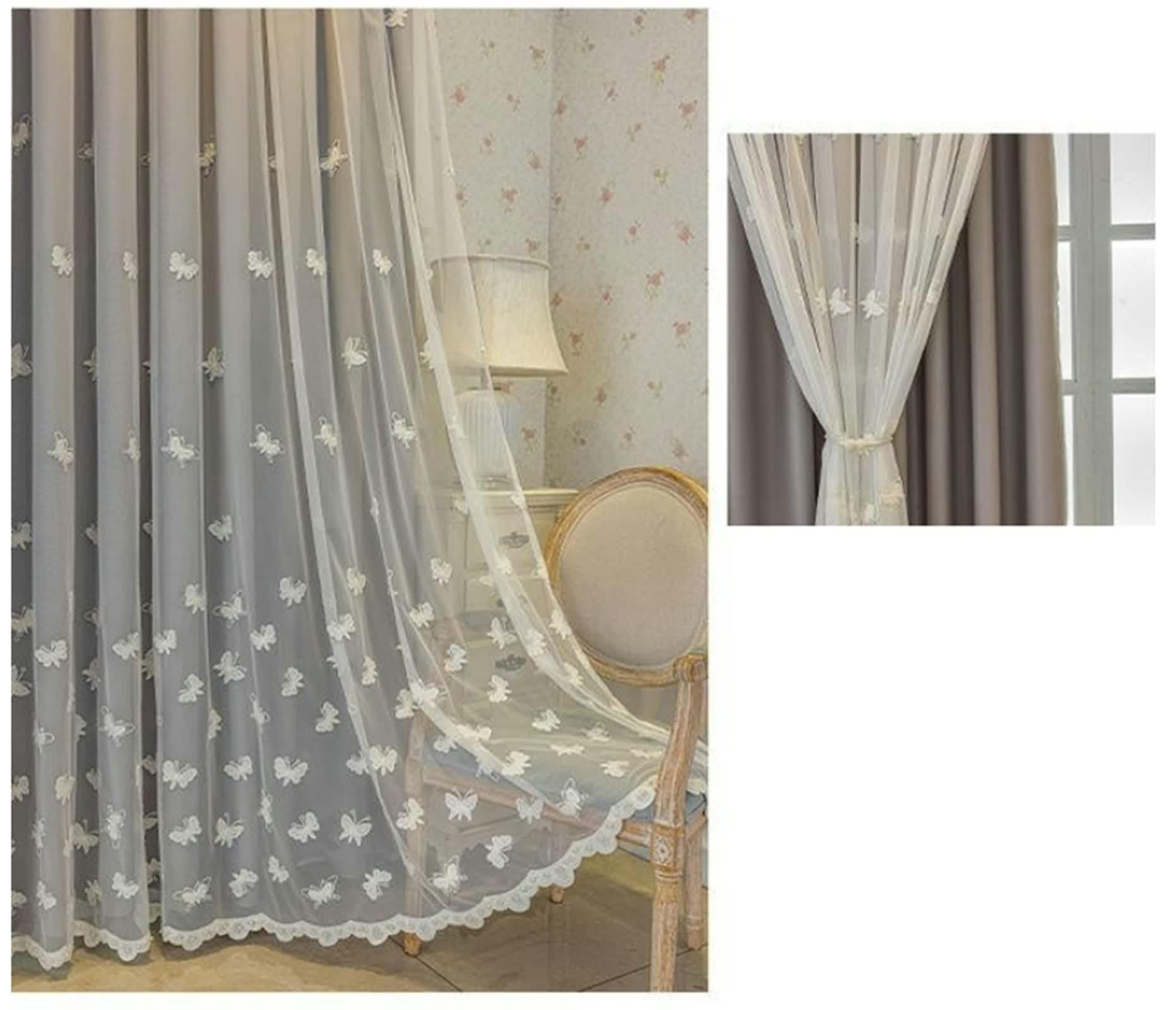 Graue Vorhänge, Vorhänge Verdunklung Doppellagig mit Schmetterlingsstickerei Polyester-Baumwolle Gardinen 2er Set B 107 x H 160 cm