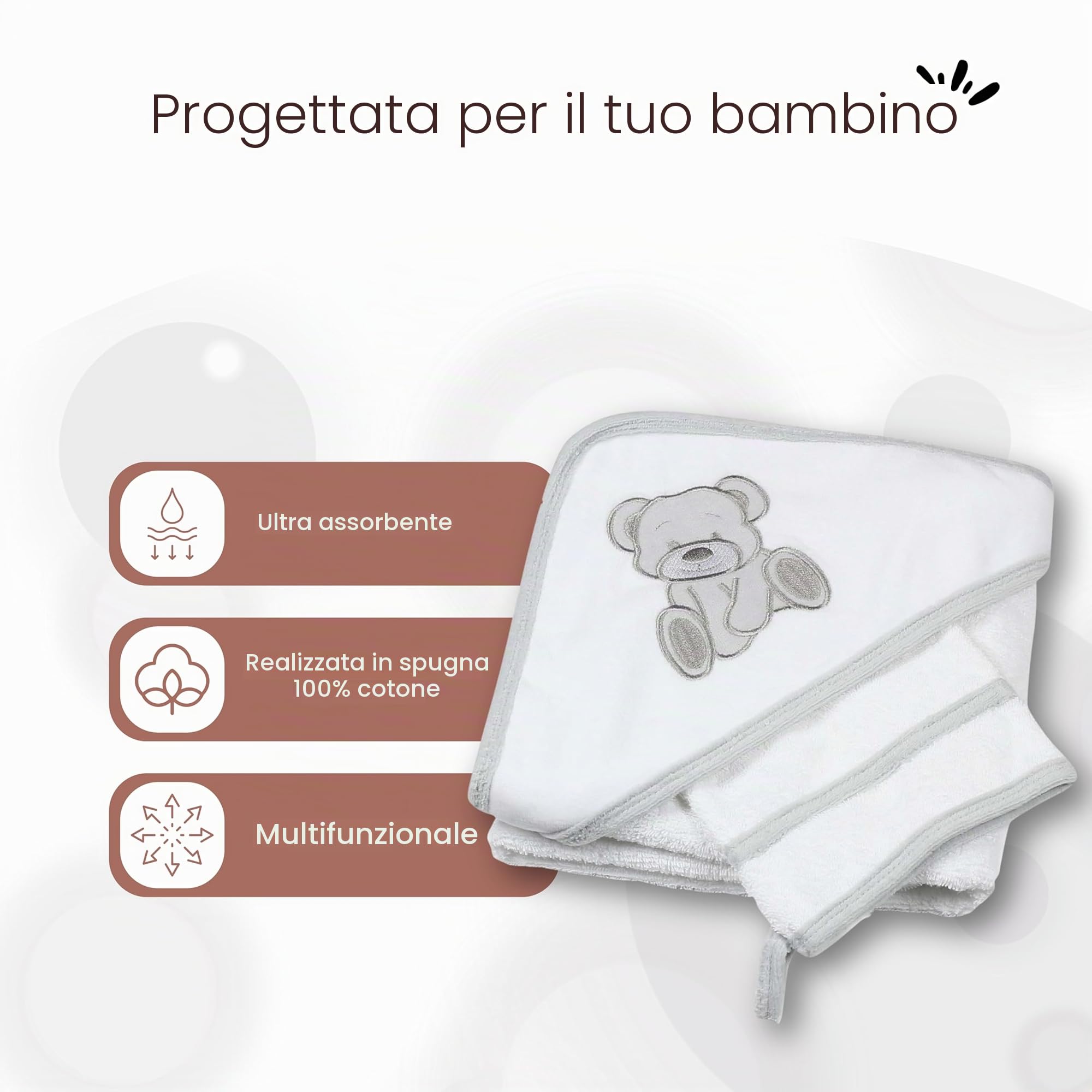 TROIS KILOS SEPT - Asciugamano da bagno per neonati con cappuccio + guanto di spugna abbinato - Morbido velluto - Asciugamano - Regalo misto per bambini e bambine - Motivo orsetto - Kinousses