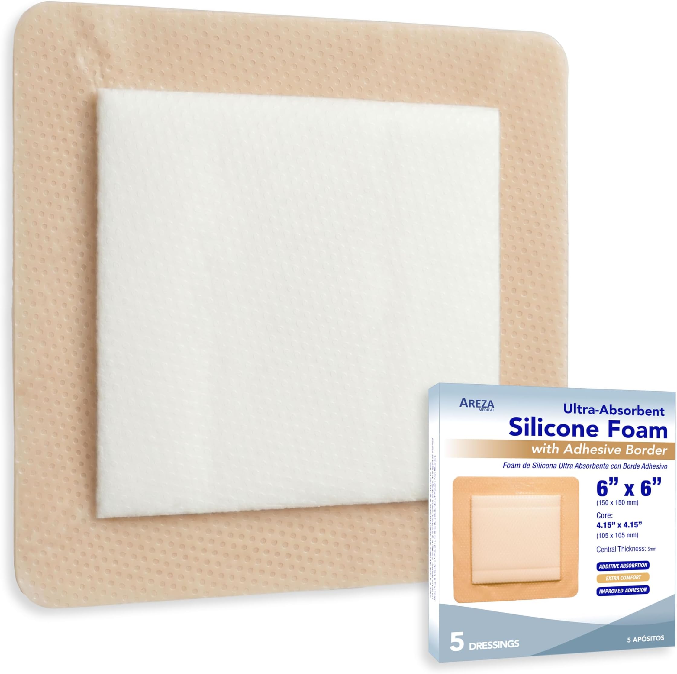 Areza Medical - Silicone Foam with Super-Absorbent Layer - Wound Dressing - Waterproof - with Silicone Adhesive Border - Sterile - 6" x 6" - 5 PCS per Box