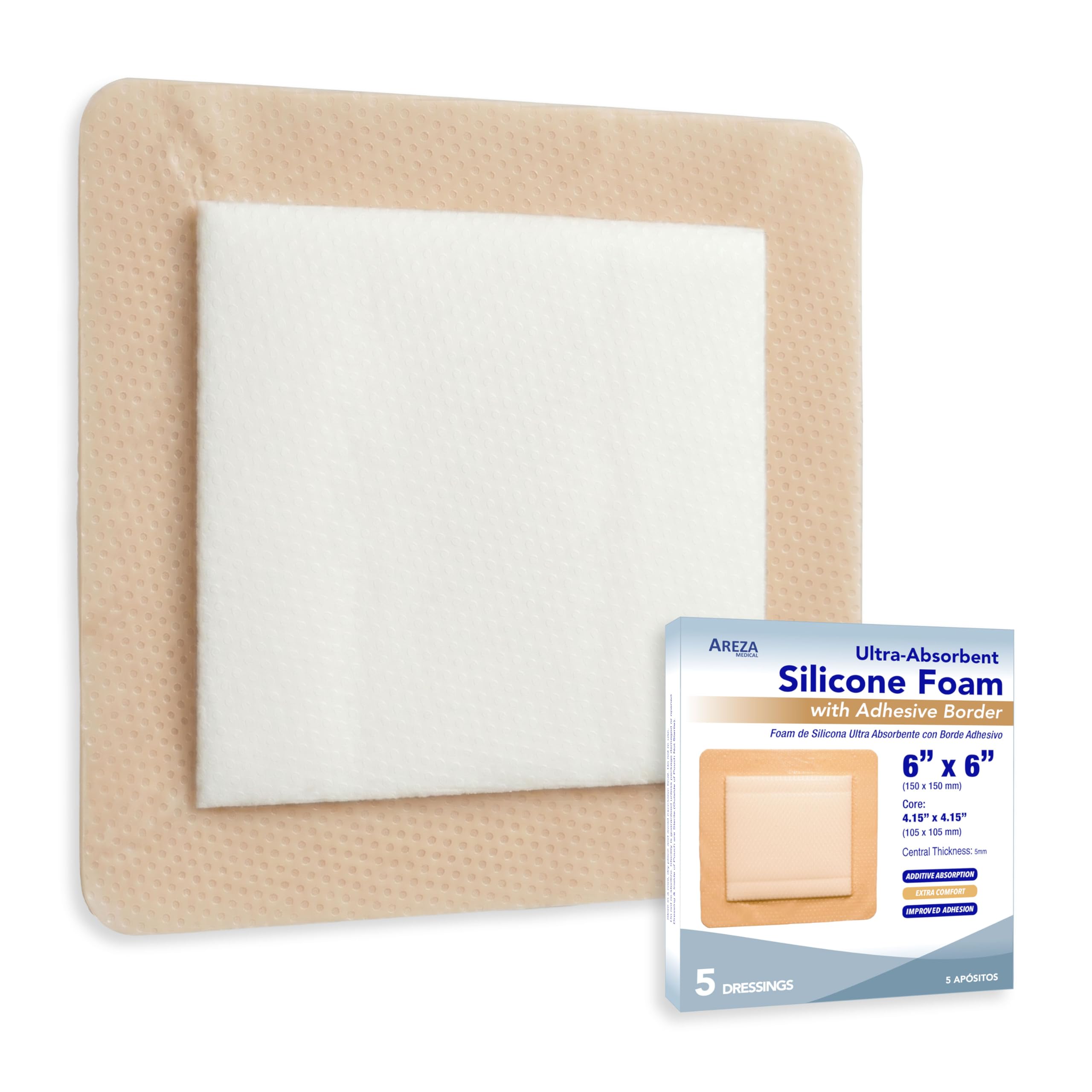 Amazon.com: Areza Medical - Silicone Foam with Super-Absorbent Layer -  Wound Dressing - Waterproof - with Silicone Adhesive Border - Sterile - 6"  x 6" - 5 PCS per Box : Everything Else