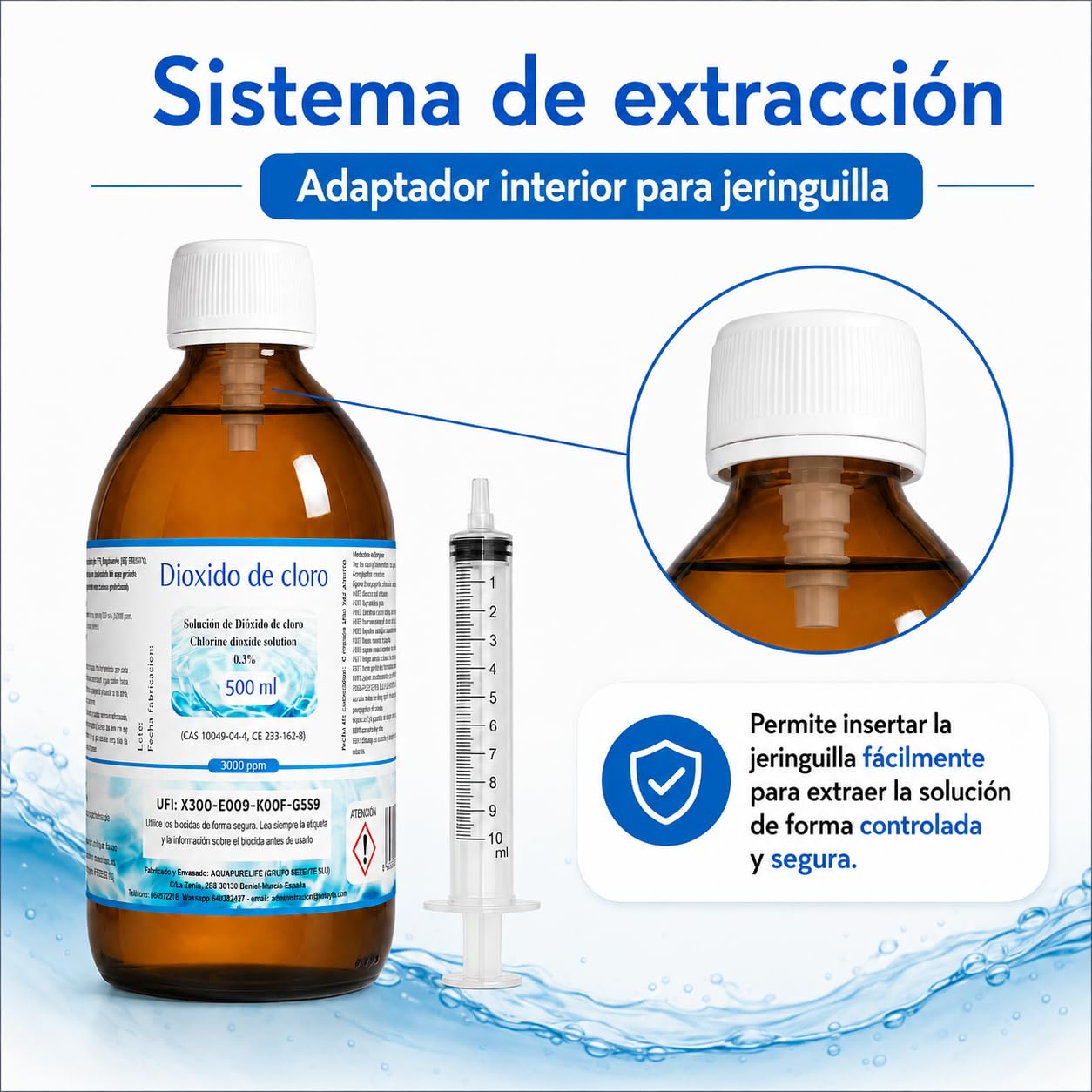 Dioxido de Cloro 3000ppm - CDS 0,3% - Envasado en Botella Cristal Ambar - Fabricado en España (500ml)