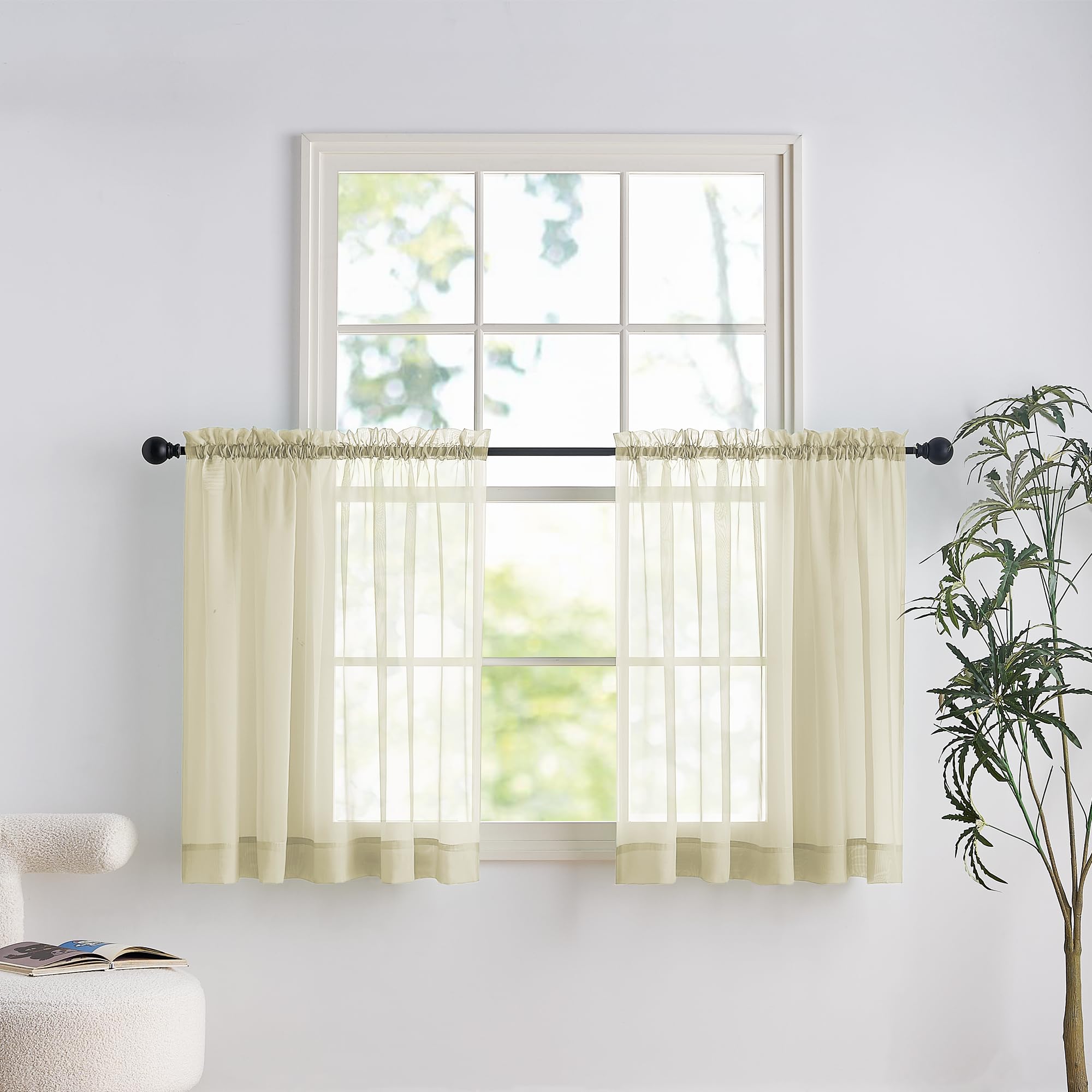 PONY DANCE Beige Net Curtains for Windows 36 Drop - Slot Top Voile Curtains, Semi Transparent Sheer Panels for Kitchen Living Room, 60x36 Inches (152x91cm), 2 Panels โ image 1