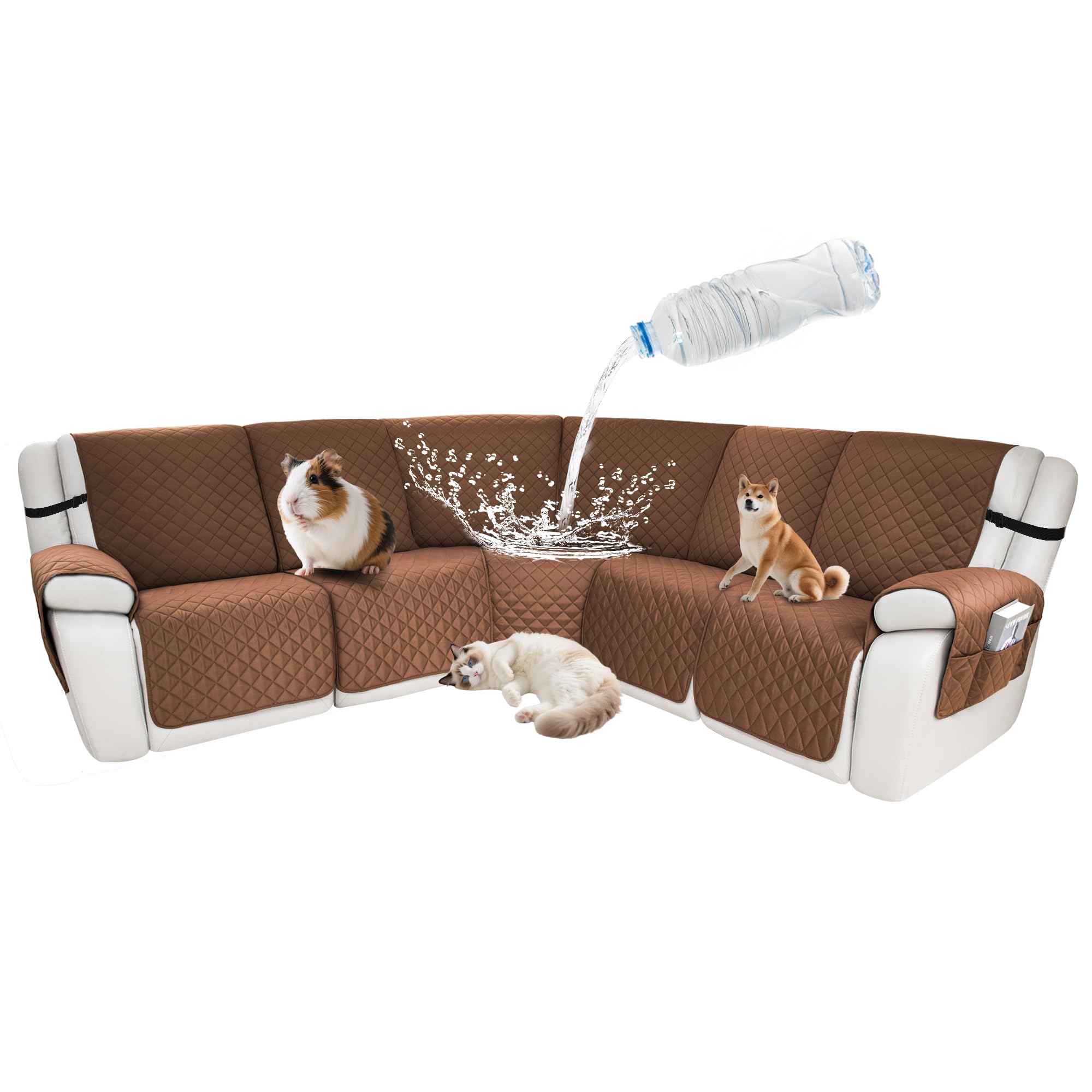 Waterproof Sectional Reclining Couch Covers L Shaped Recliner Sectional Sofa Cover 7 Piece Non Slip Washable Corner Recliner Slipcover Set for Pet Dog (5 Seater Cover, Coffee)