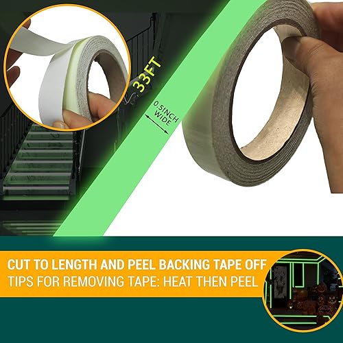 Miniatura 7 de SWRT Cinta fluorescente brillante de 8 horas que brilla en la oscuridad, 33 x 0.5 pulgadas, de larga duración, adhesivo fuerte a prueba de verruga,