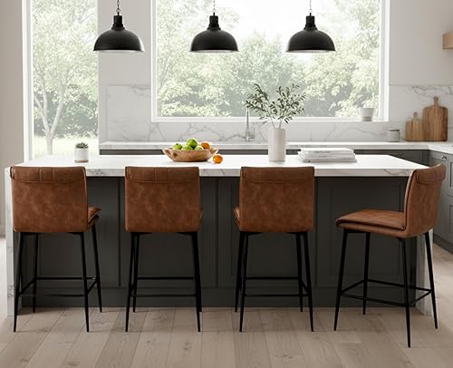 Miniatura 10 de CIMOTA Juego de 2 taburetes de bar de cuero tapizados modernos de 26 pulgadas con respaldo y patas de metal, cómodas sillas de isla de cocina,