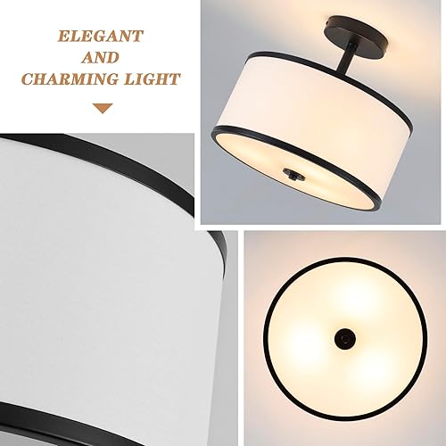 Vista 3 de BUXVRCS Semi Flush Mount Ceiling Light Fixture, 3-Light Drum Lighting Fixtures, Hallway Light Fixture Ceiling Mount with Fabric Shade, Close to