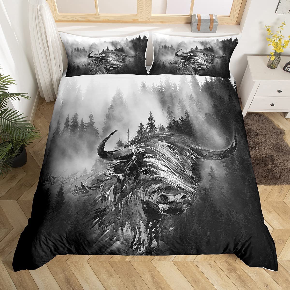 Linge de lit vache Highland en parure 3 pièces King avec finitions soignées