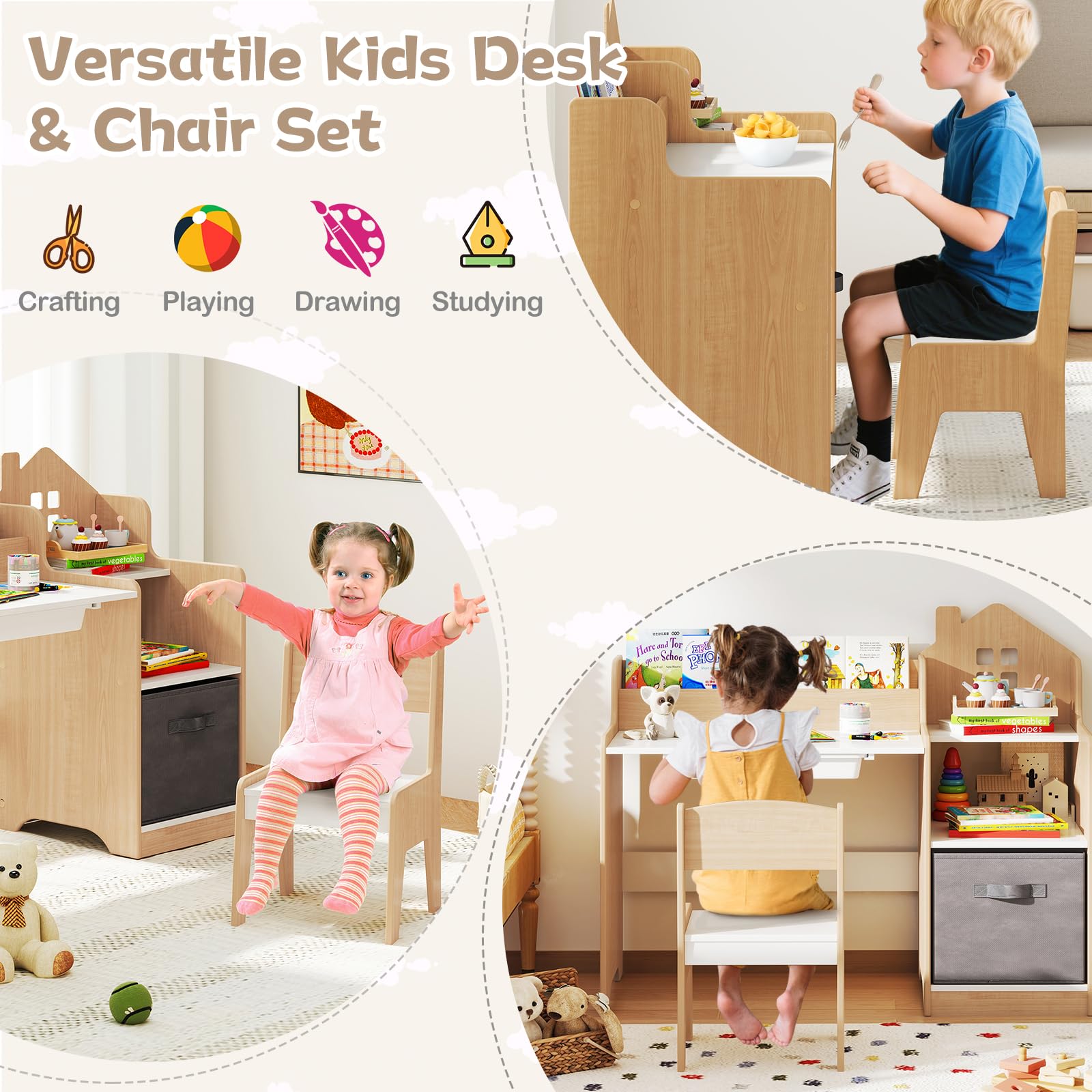 Costzon Kids Desk and Chair Set, Wooden Children Multi-Activity Table with Hutch, Bookshelf, Drawer & Fabric Storage Bin, Kids Table and Chair Set for Drawing, Writing, Crafts