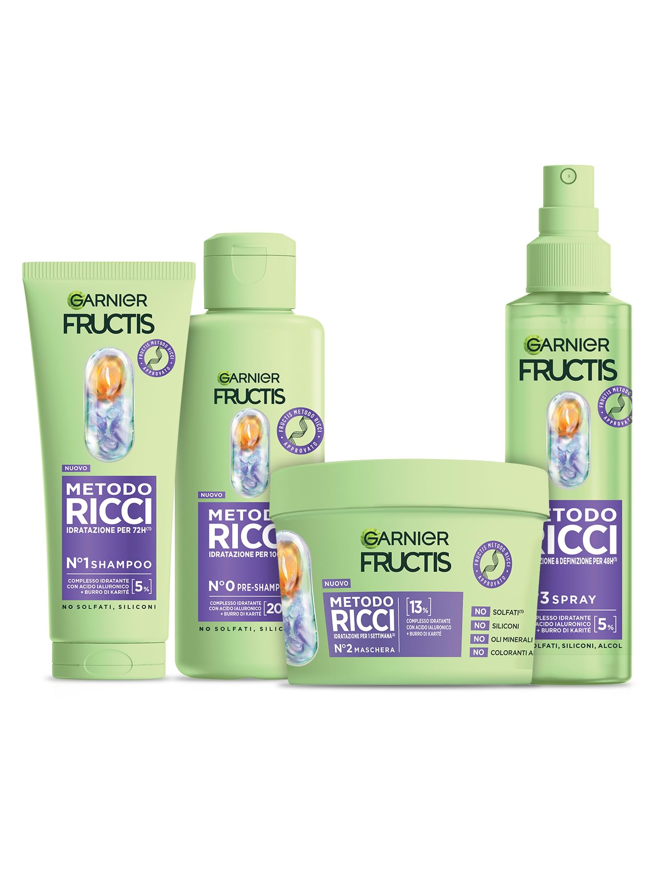 Garnier Lot de 4 soins capillaires hydratants pour toutes les boucles - Répare et revitalise - Avec acide gras hyaluronique et karité - Pré-shampooing, masque capillaire et spray