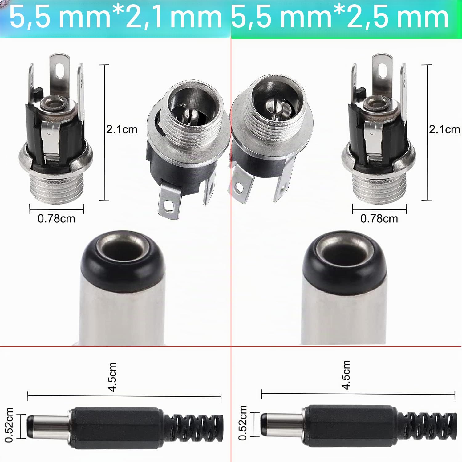 RUNCCI-YUN 100Pcs 5,5 mm x 2.1 mm/ 5,5 mm x 2.1 mm DC Connecteur Alimentation 12V souder KIT，Prise Jack Mâle + Douilles Femelle, avec Capuchon en Caoutchouc, pour Audio/Vidéo/Téléphone/CCTV