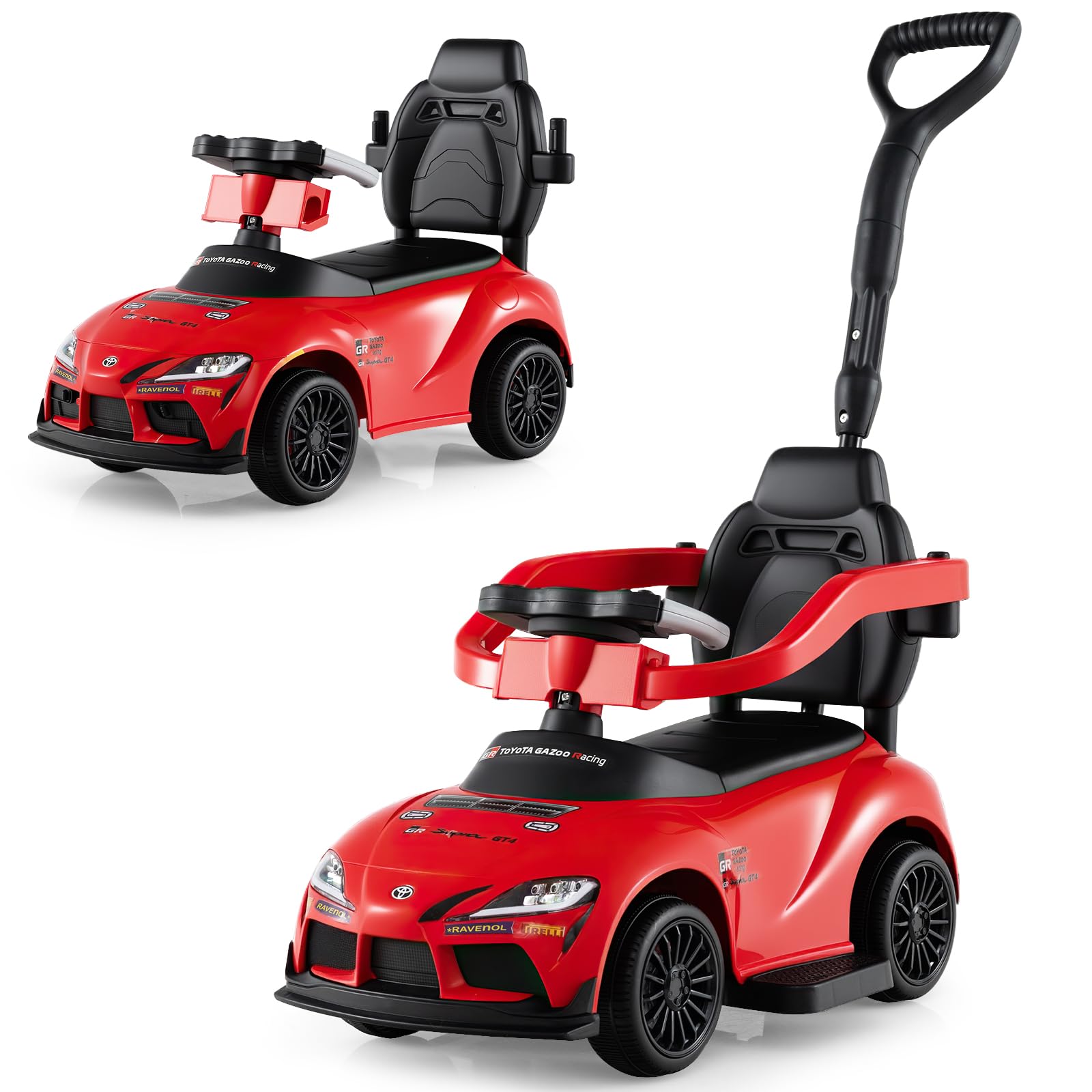 Licensed Toyota Ride on Push Car by OLAKIDS, 3 in 1 Toddlers Sliding Walking Toy with Parent Control Handle, Removable Guardrails, Underneath Storage (Red)