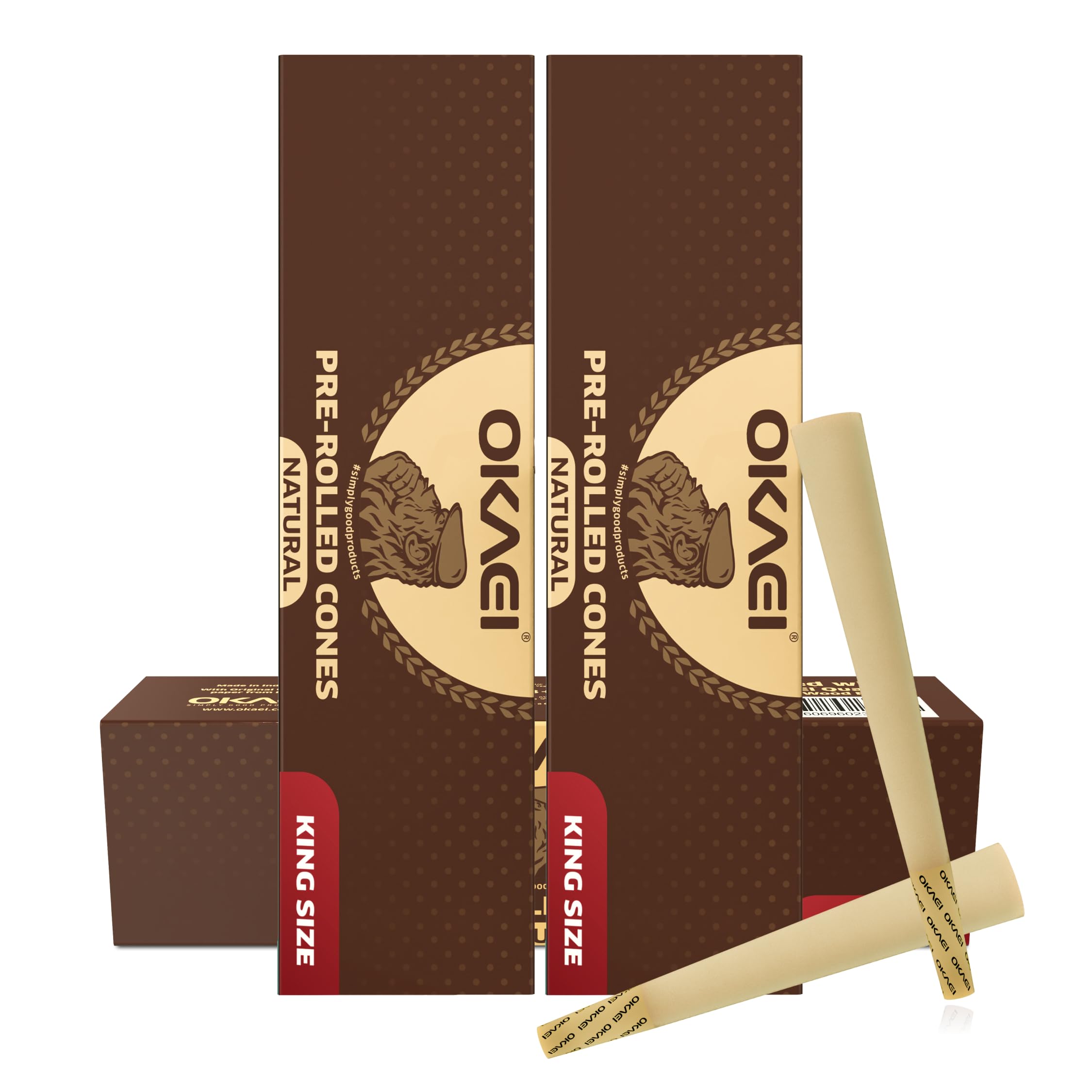 OKAEI Natural King Size Cones 200 Stück - vorgedrehte ungebleichte Hülsen aus Holzpapier, langsam brennend & vegan